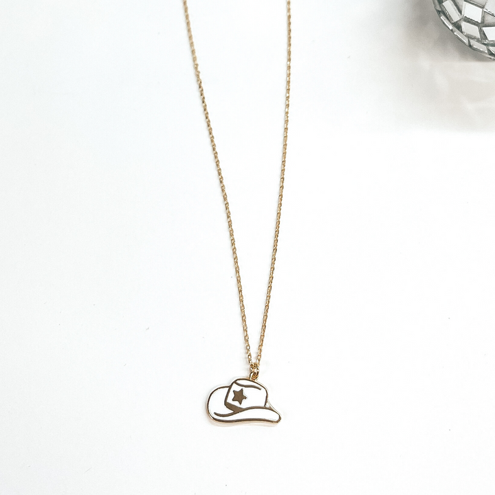 Take Me to Nashville Gold Necklace with Hat Pendant in White - Giddy Up Glamour Boutique