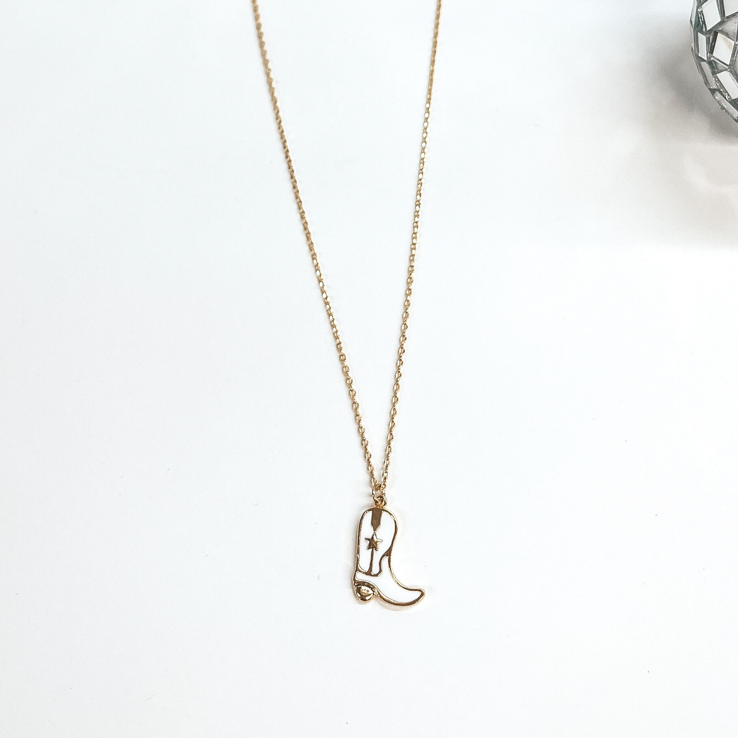 Take Me to Nashville Gold Necklace with Boot Pendant in White