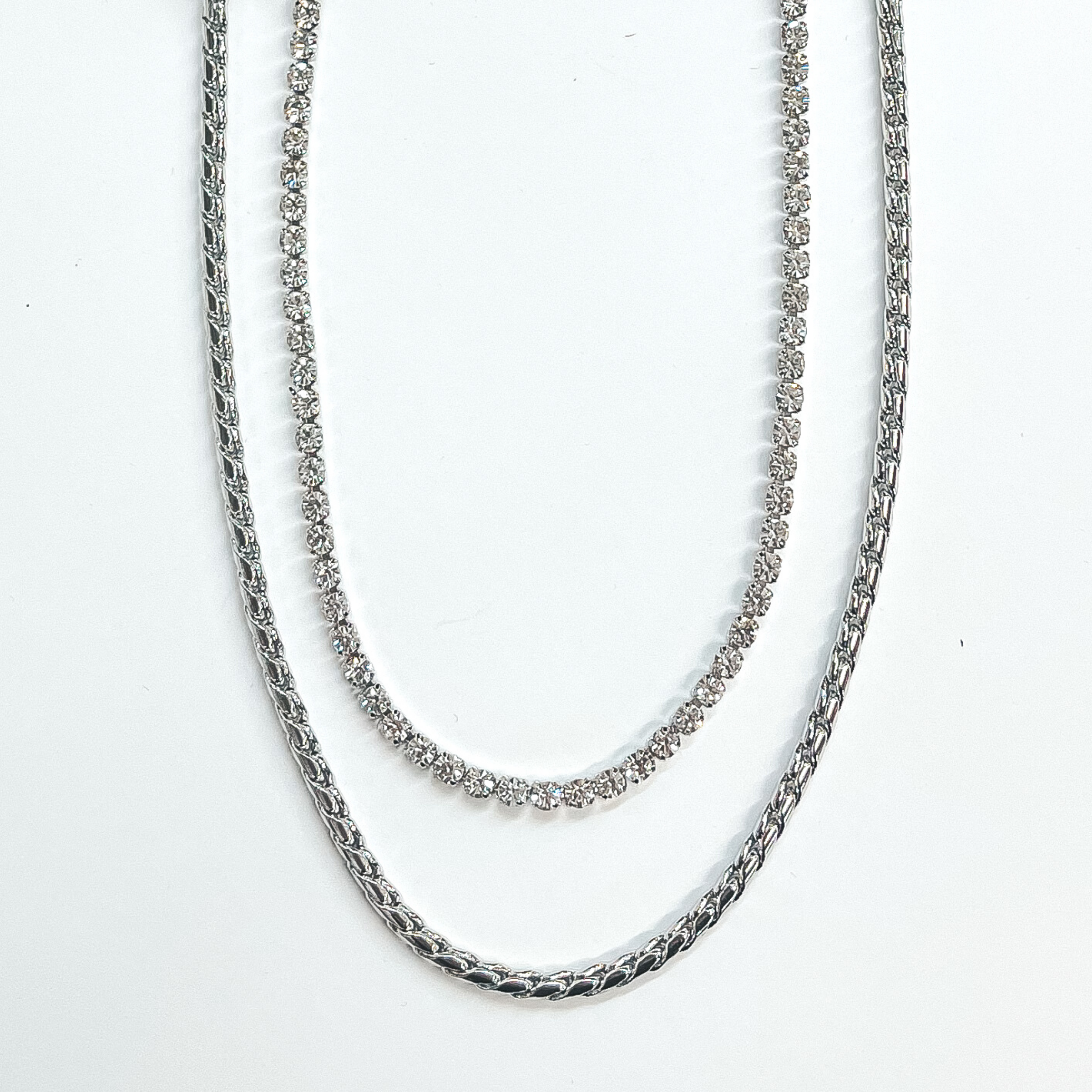 Double Layered Braid Chain Necklace with Rhinestones in Silver - Giddy Up Glamour Boutique