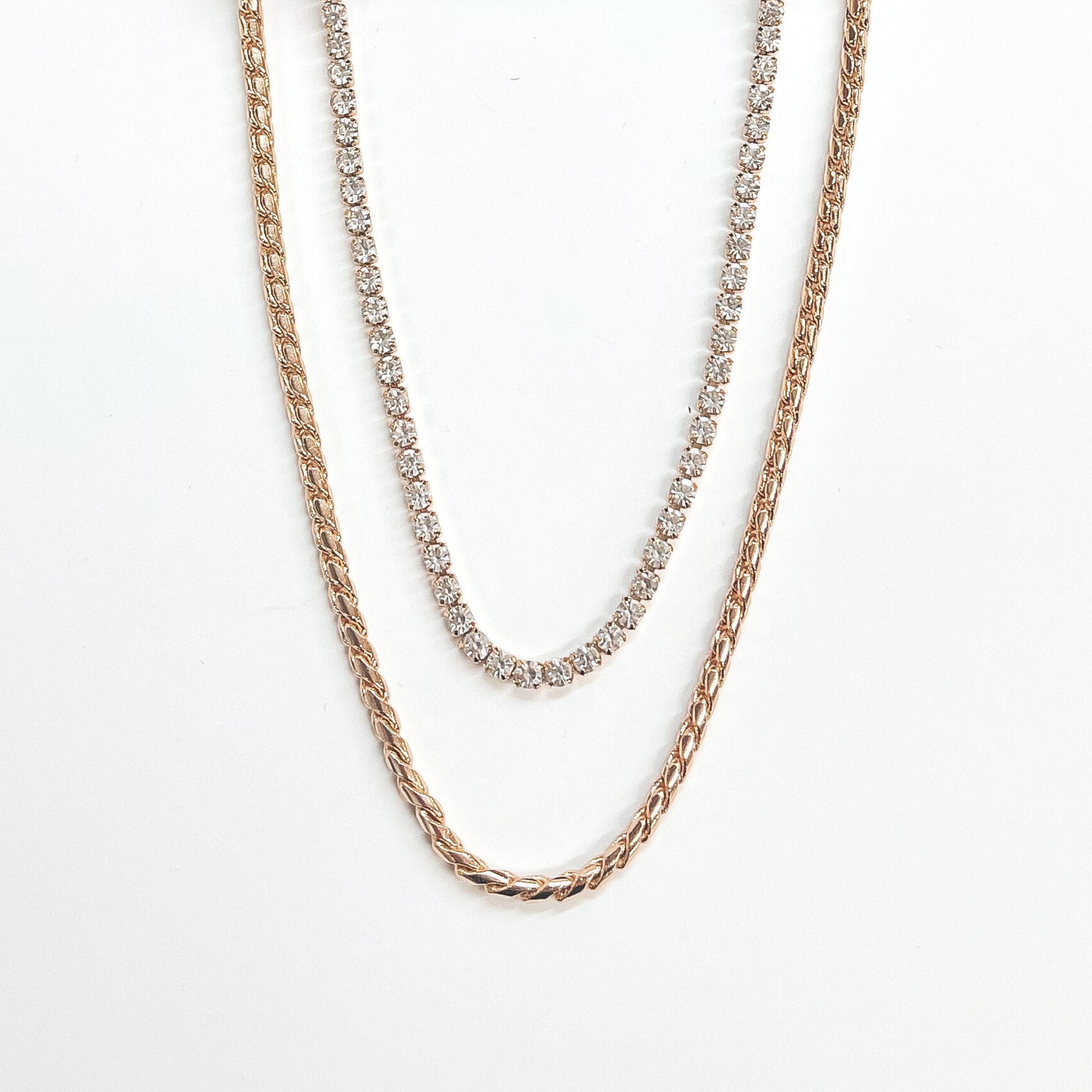 Double Layered Braid Chain Necklace with Rhinestones in Gold - Giddy Up Glamour Boutique