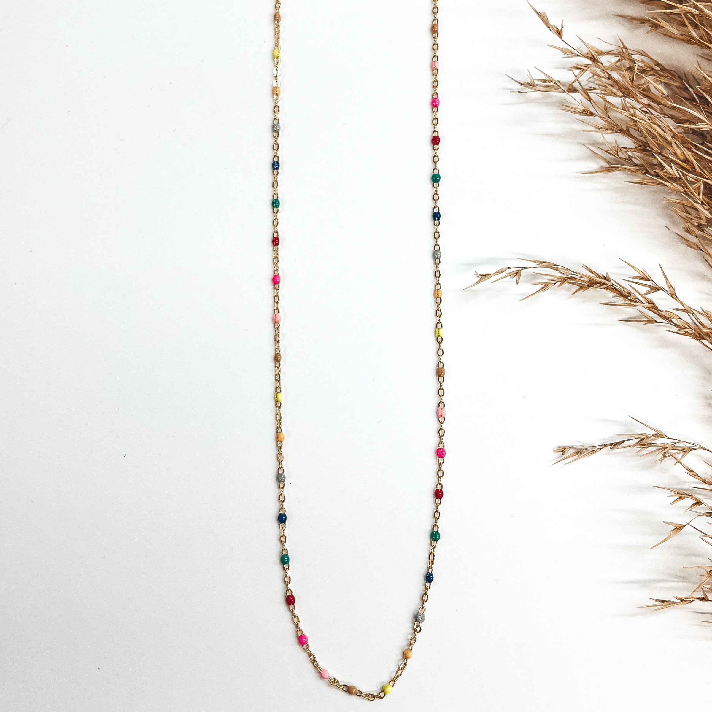 This is a thin gold chain with multicolored beads all  around. Multicolored beads come in tan, neon yellow,  mustard yellow, gray, dark blue, green, red, hot pink,  and light pink. This necklace is taken on a white  background with a brown plant in the side as decor.