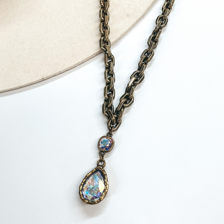 Pink Panache | Chunky Chain Necklace with AB Crystal Teardrop and Small AB Cushion Cut Crystal in Bronze - Giddy Up Glamour Boutique