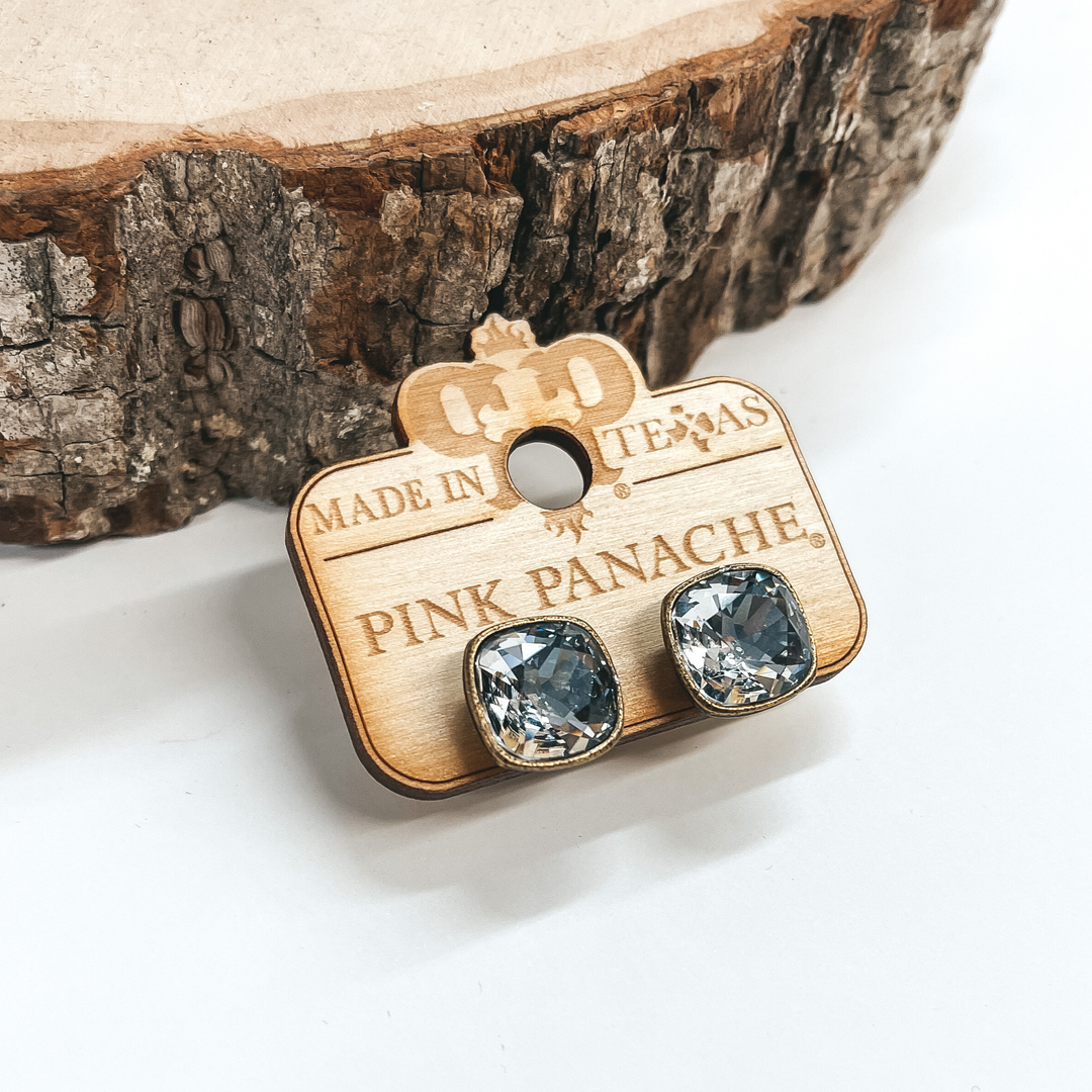Pink Panache | Bronze Stud Earrings with Cushion Cut Crystals in Crystal Ignite - Giddy Up Glamour Boutique