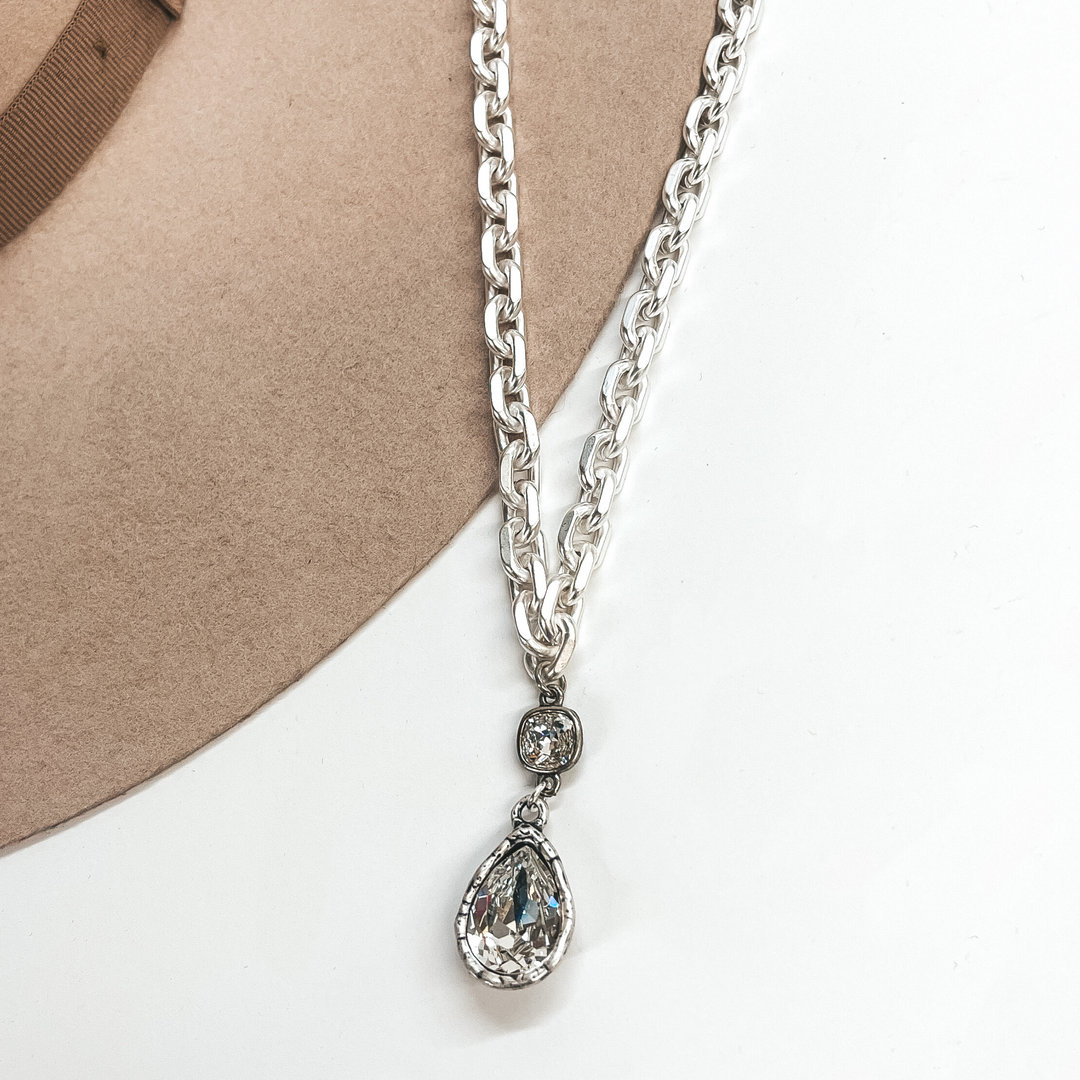 Pink Panache | Chunky Chain Necklace with Clear Crystal Teardrop and Small Clear Cushion Cut Crystal in Silver - Giddy Up Glamour Boutique