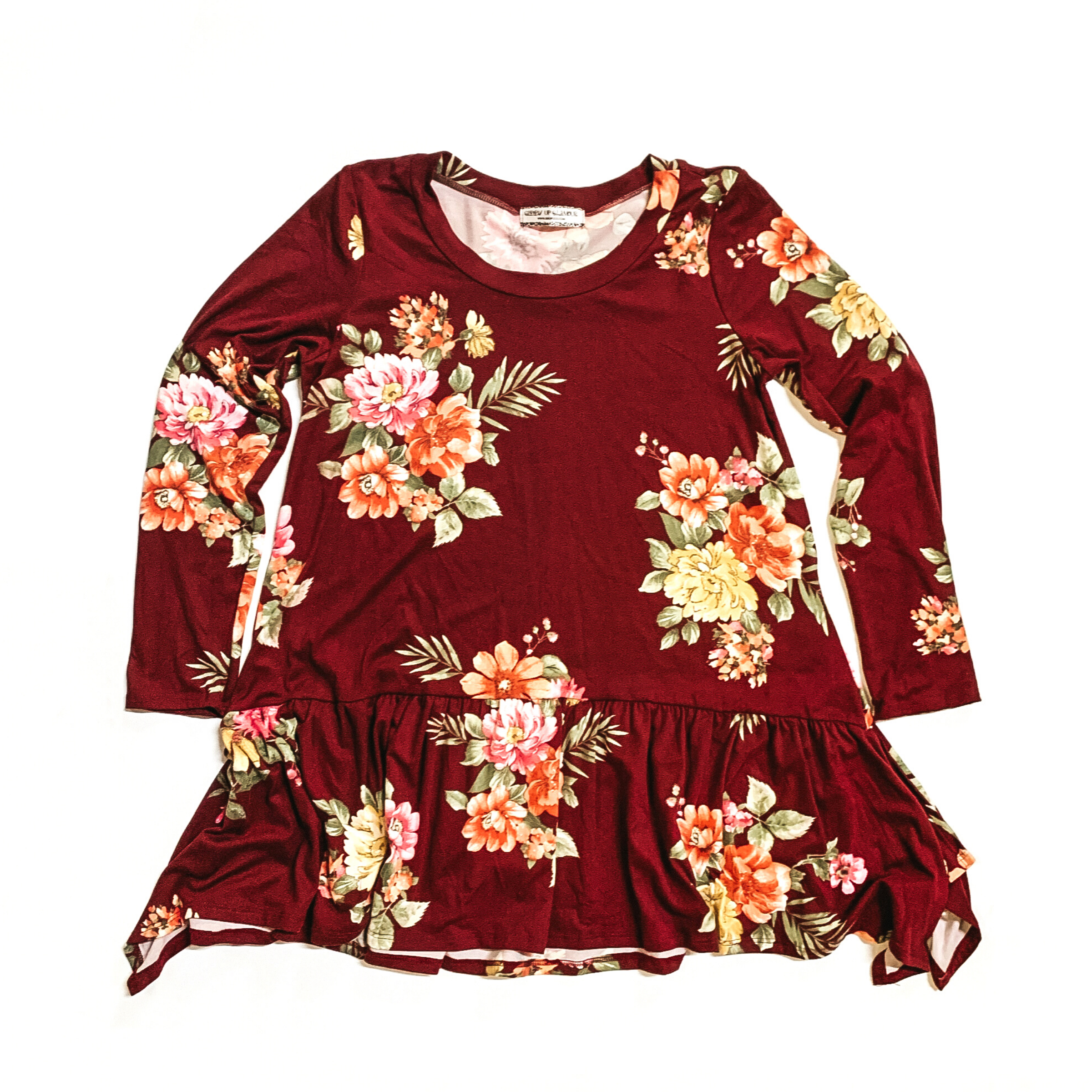 Last Chance Size S |Free To Wander Floral Long Sleeve Peplum Tunic in Maroon - Giddy Up Glamour Boutique
