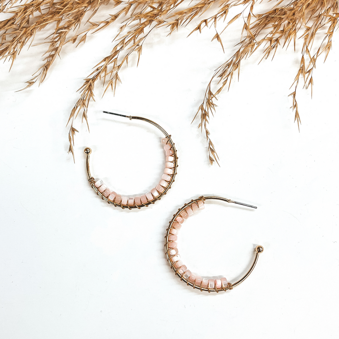 Oceans Away Open Ended Circle Hoops with Mother of Pearl Beads in Pink - Giddy Up Glamour Boutique