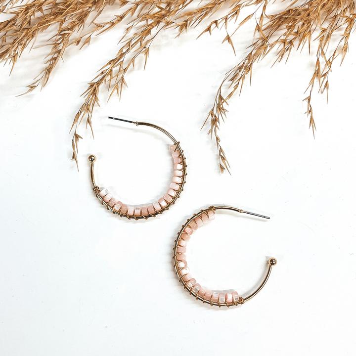 Oceans Away Open Ended Circle Hoops with Mother of Pearl Beads in Pink - Giddy Up Glamour Boutique