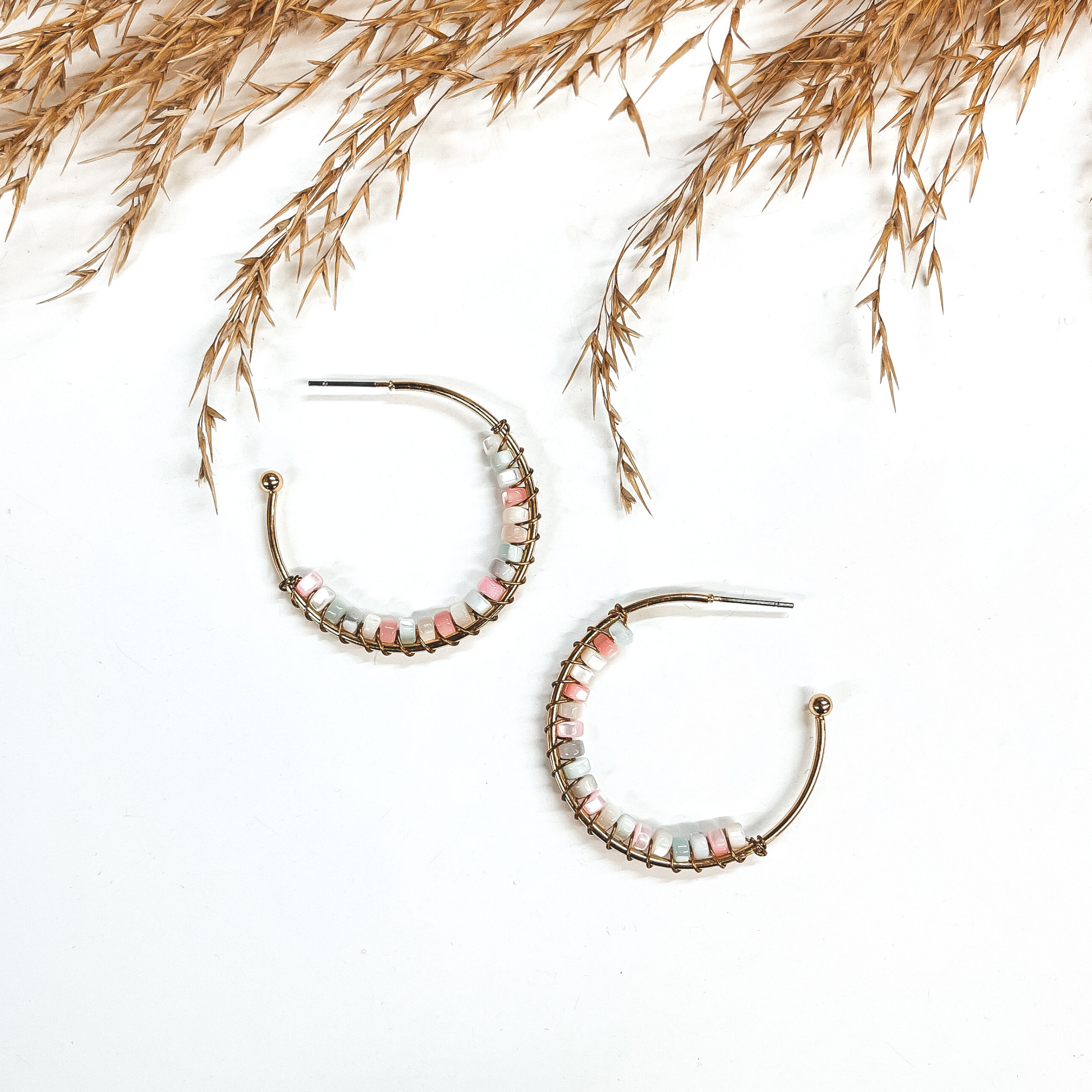 Oceans Away Open Ended Circle Hoops with Mother of Pearl Beads in Multicolor - Giddy Up Glamour Boutique