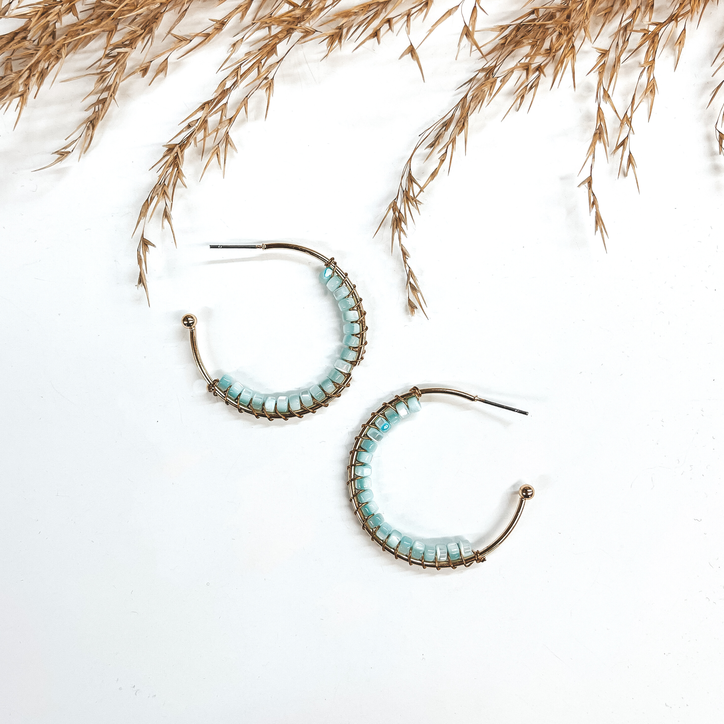 Oceans Away Open Ended Circle Hoops with Mother of Pearl Beads in Light Blue - Giddy Up Glamour Boutique
