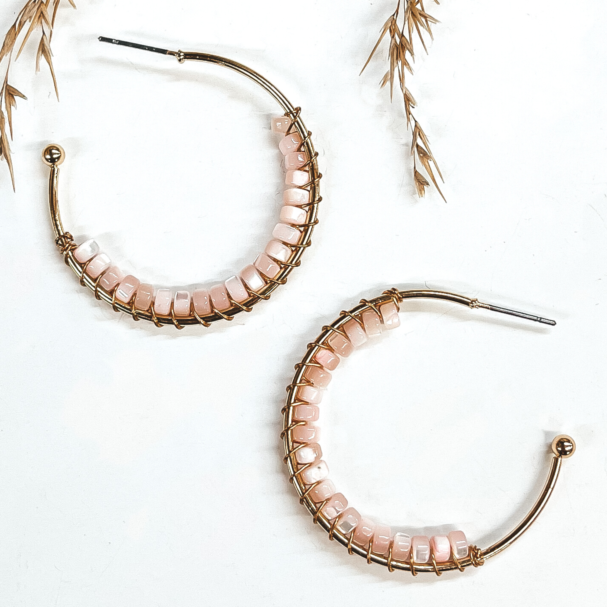 Oceans Away Open Ended Circle Hoops with Mother of Pearl Beads in Pink - Giddy Up Glamour Boutique