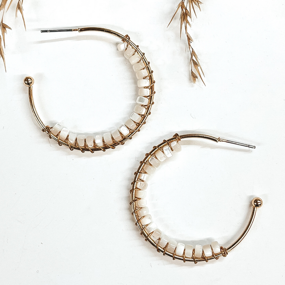 Oceans Away Open Ended Circle Hoops with Mother of Pearl Beads in Ivory - Giddy Up Glamour Boutique