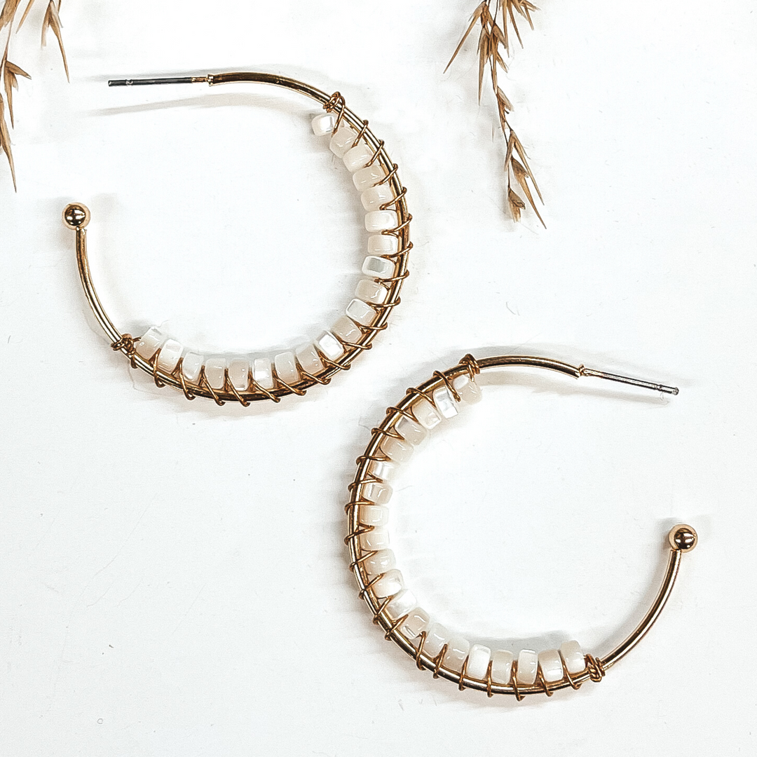 Oceans Away Open Ended Circle Hoops with Mother of Pearl Beads in Ivory - Giddy Up Glamour Boutique