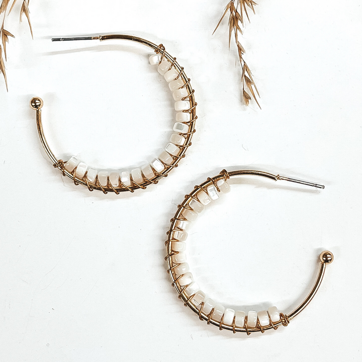 Oceans Away Open Ended Circle Hoops with Mother of Pearl Beads in Ivory - Giddy Up Glamour Boutique