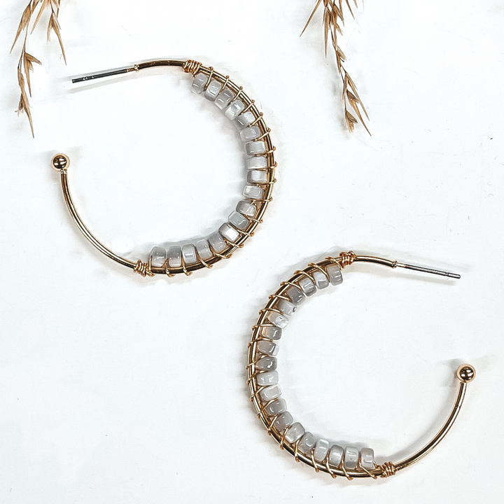 Oceans Away Open Ended Circle Hoops with Mother of Pearl Beads in Gray - Giddy Up Glamour Boutique