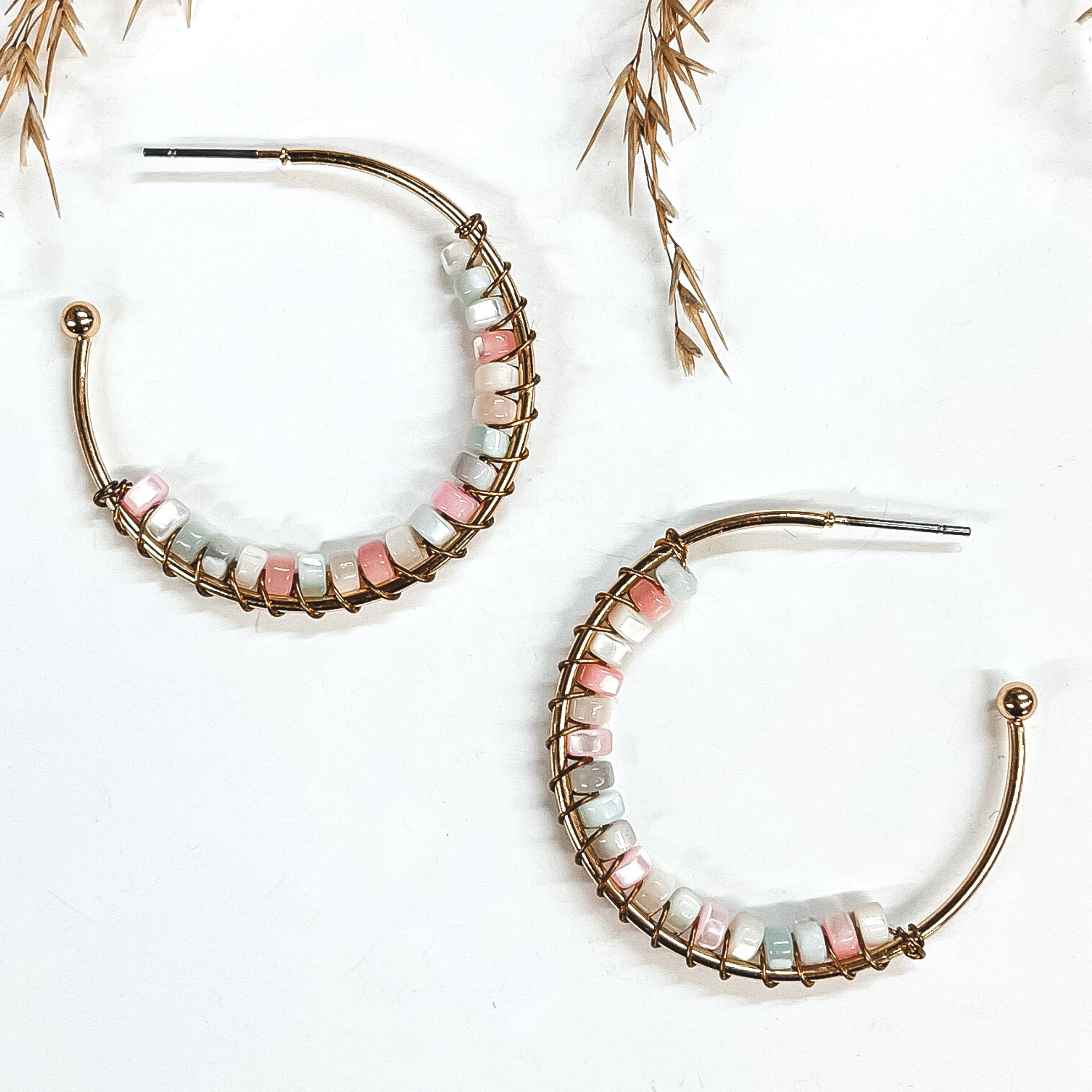 Oceans Away Open Ended Circle Hoops with Mother of Pearl Beads in Multicolor - Giddy Up Glamour Boutique