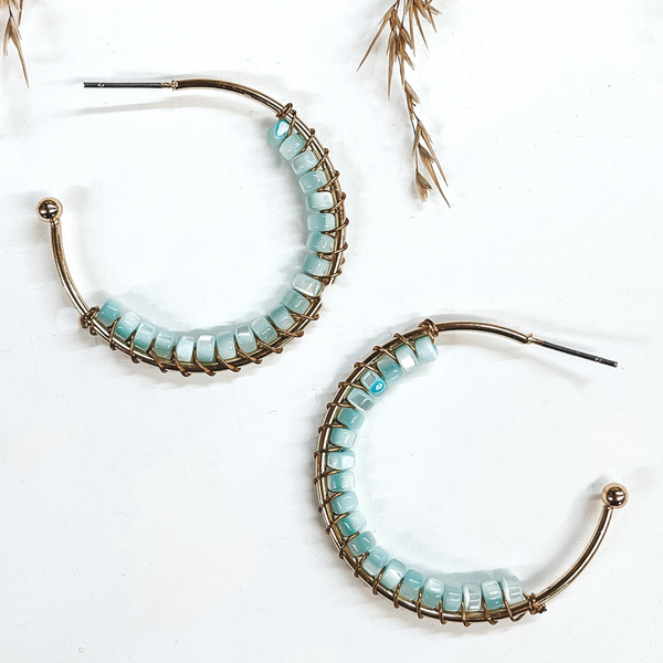 Oceans Away Open Ended Circle Hoops with Mother of Pearl Beads in Light Blue
