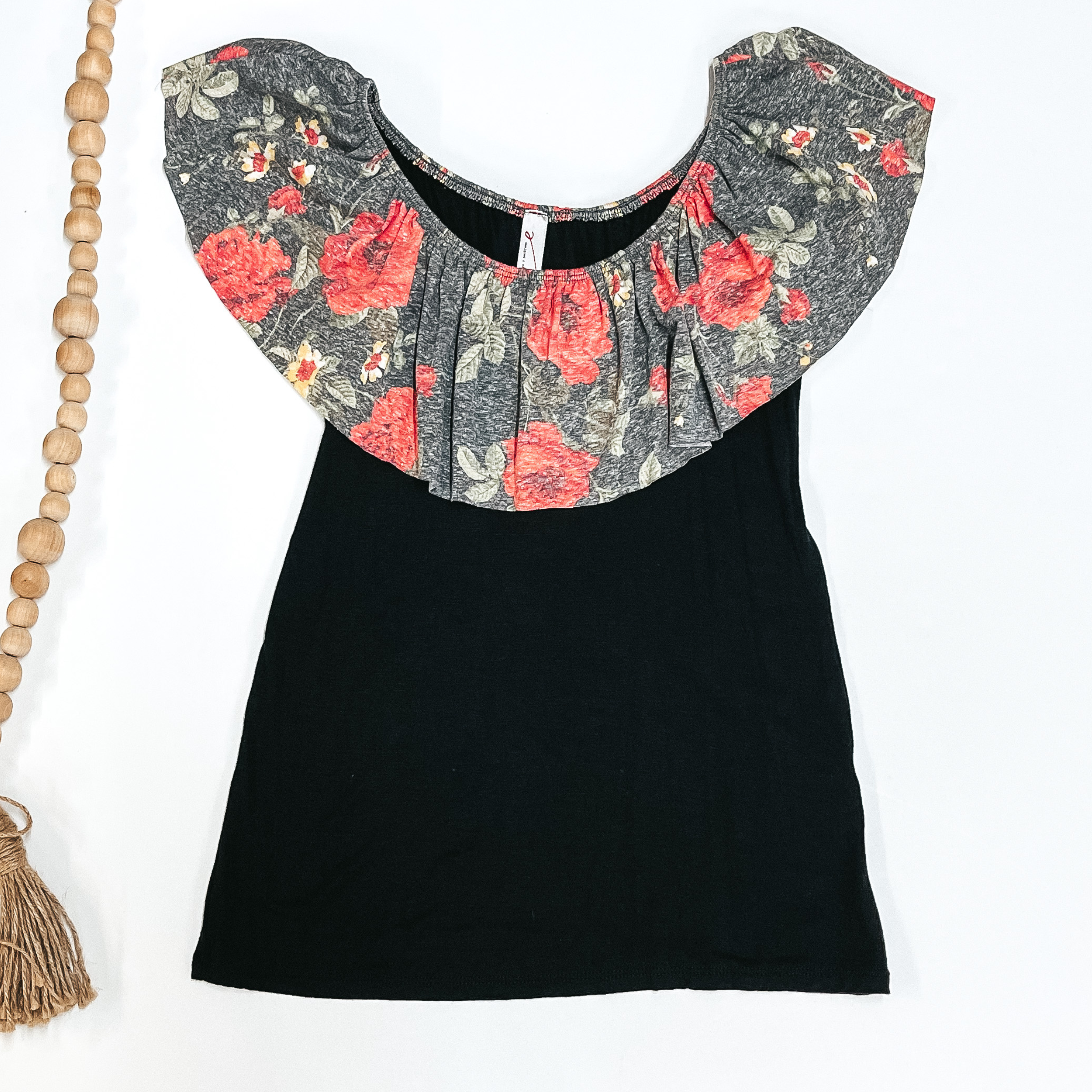 Black Top with Floral Off-Shoulder - Giddy Up Glamour Boutique