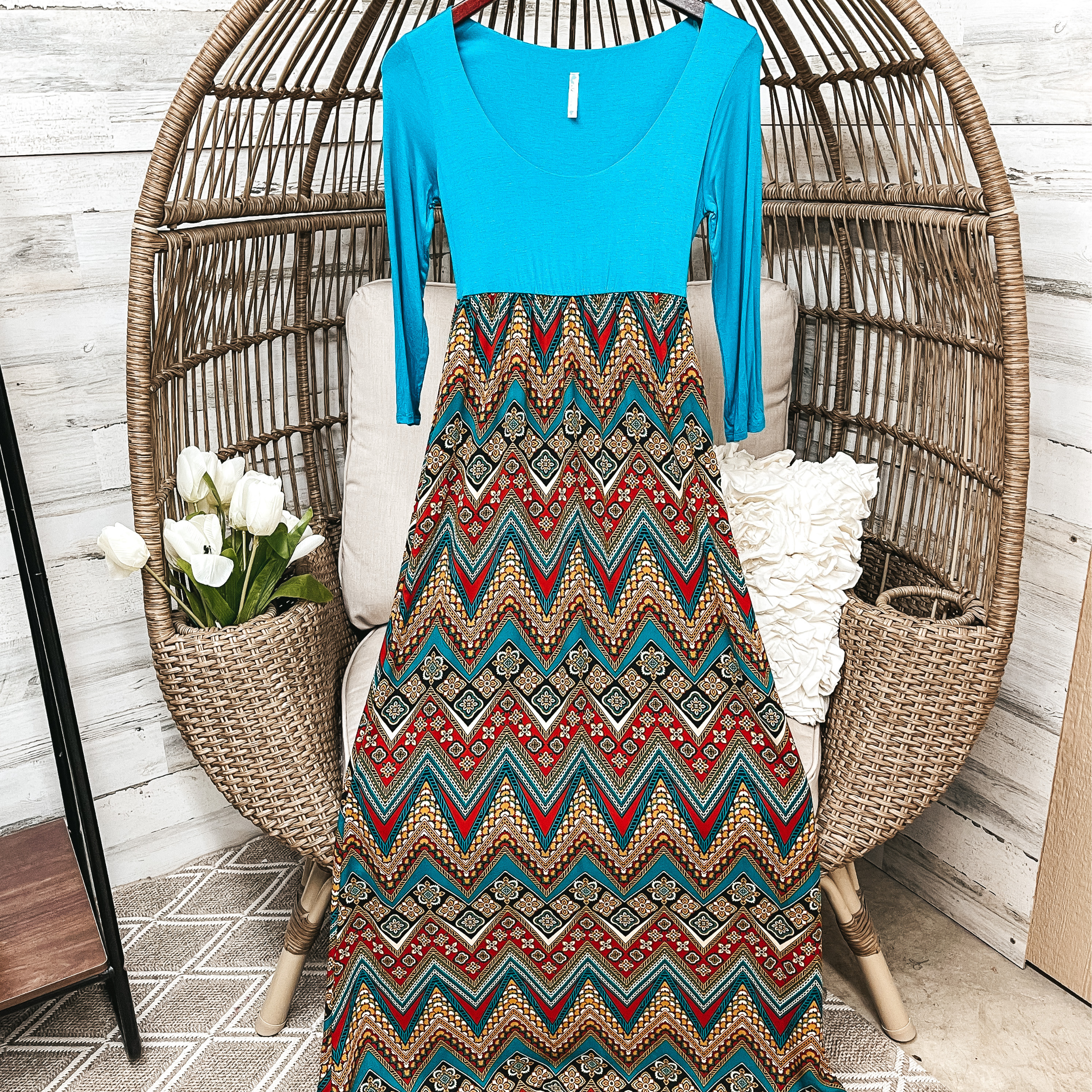 Turquoise 3/4 Sleeve Maxi Dress with Chevron Print - Giddy Up Glamour Boutique