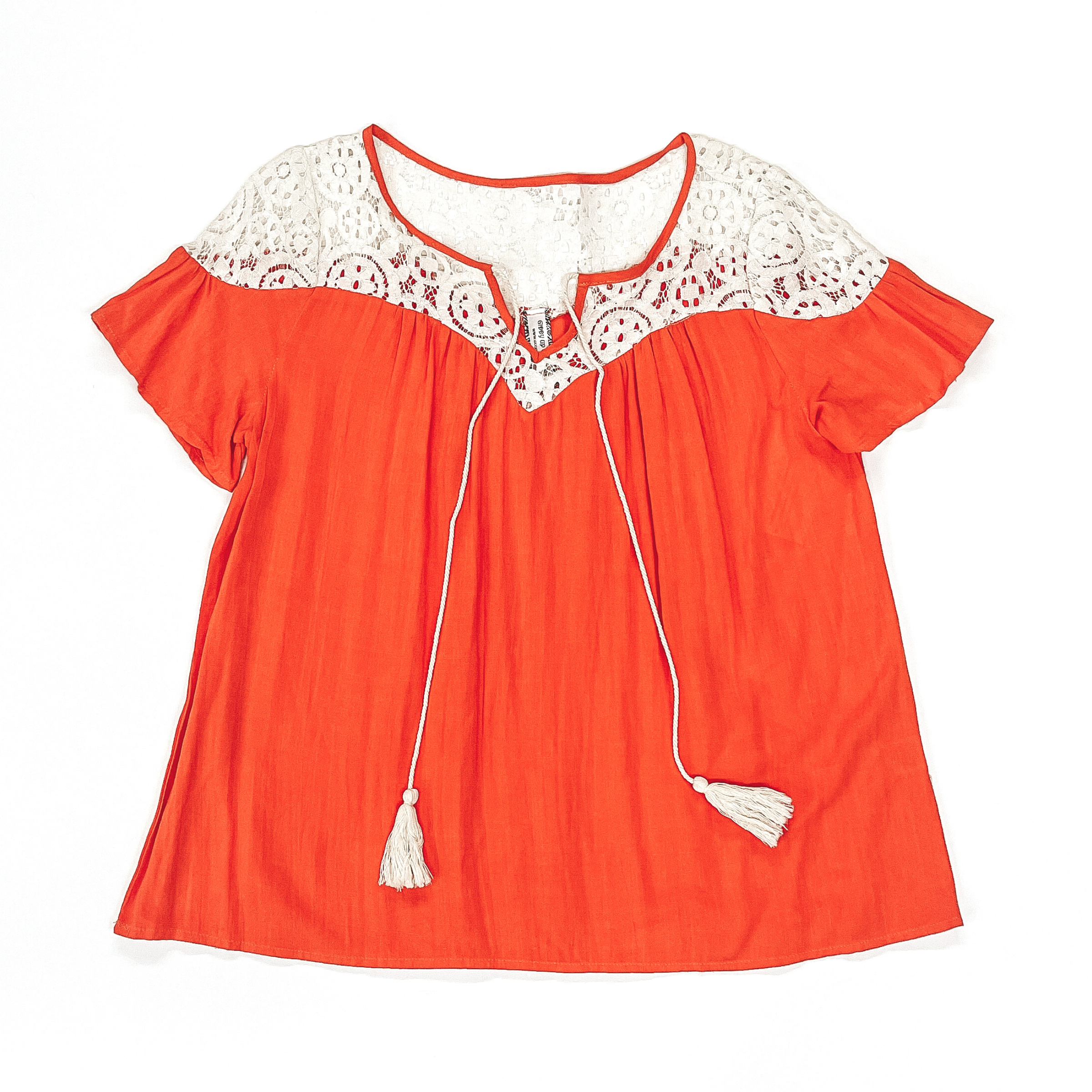 Orange Short Sleeve Top with Ivory Lace and Tassels - Giddy Up Glamour Boutique