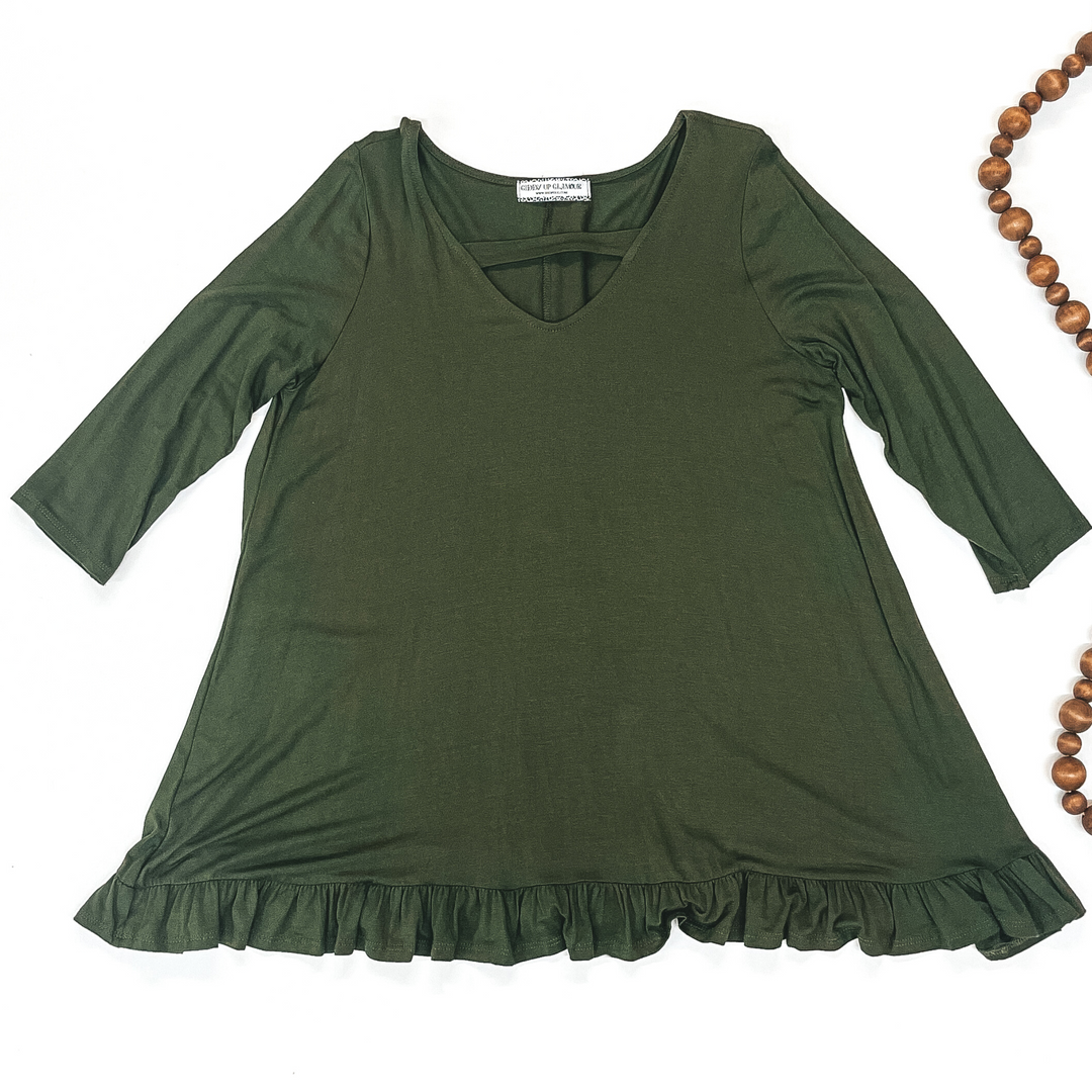 Last Chance Size Medium | Something Familiar Keyhole Tunic Top with Ruffle Hem in Dark Olive - Giddy Up Glamour Boutique
