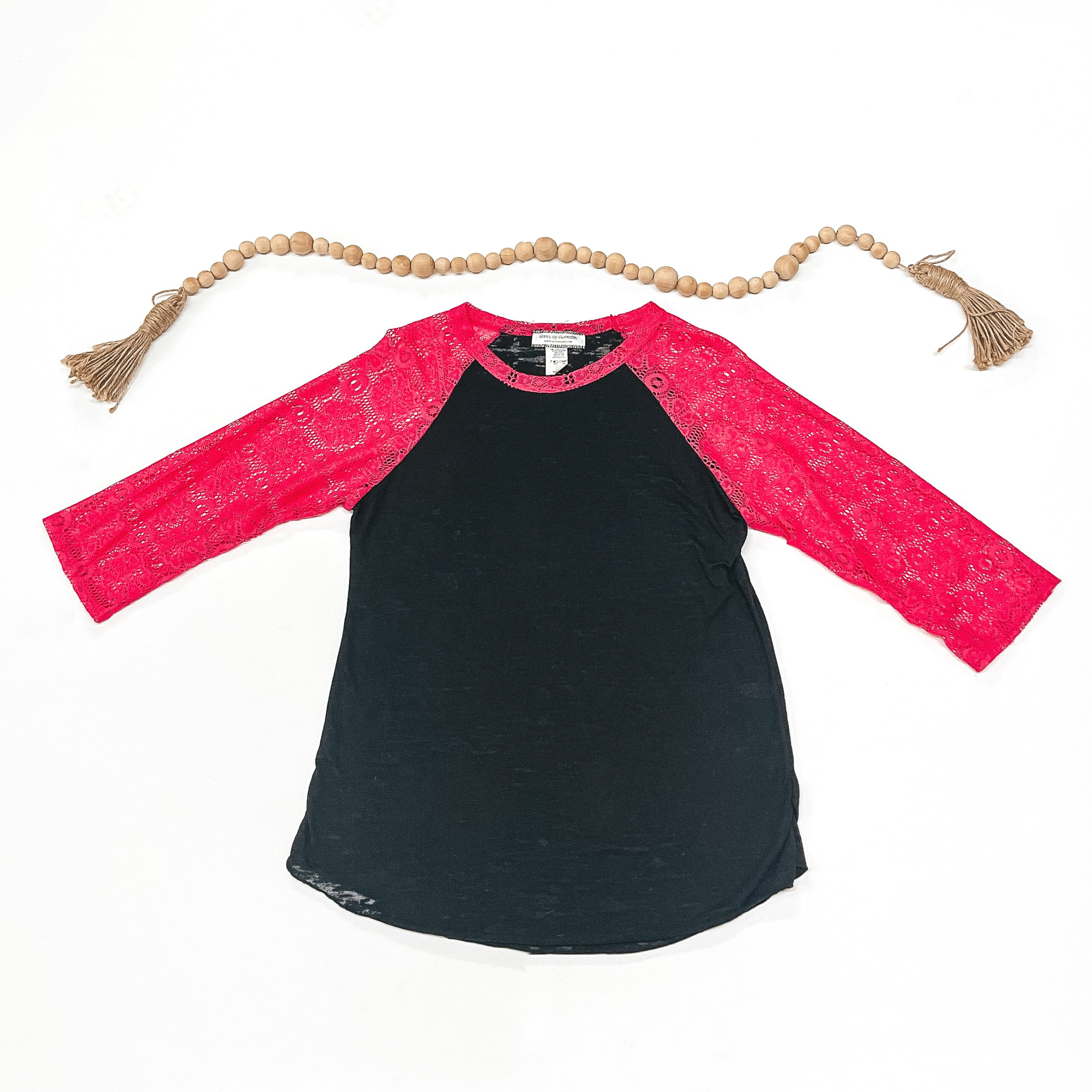 Last Chance Size Small | Crochet with Love Black Burnout Baseball Tee with Hot Pink Crotchet Sleeves | ONLY 1 LEFT! - Giddy Up Glamour Boutique