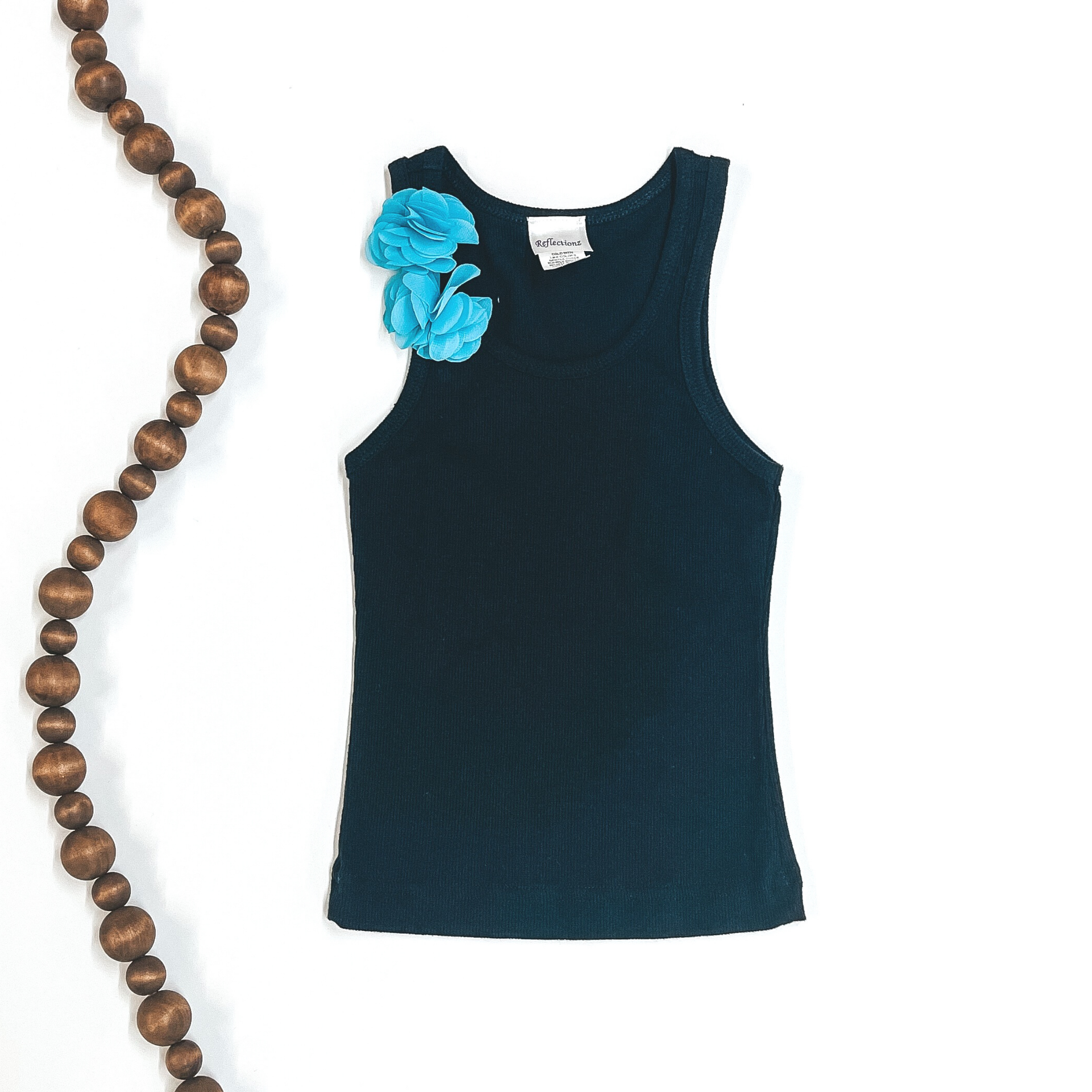 Last Chance Size Kid's 6 | Children's | Black Ribbed Tank Top with Turquoise Flowers | ONLY 1 LEFT! - Giddy Up Glamour Boutique