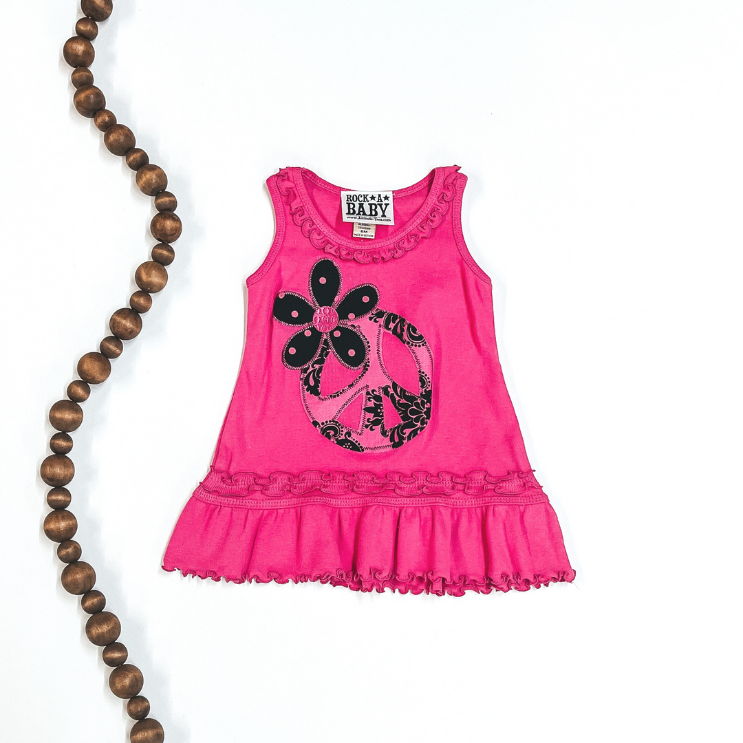 Children's | Hot Pink Ruffled Tank Top with Peace Sign and Flower - Giddy Up Glamour Boutique