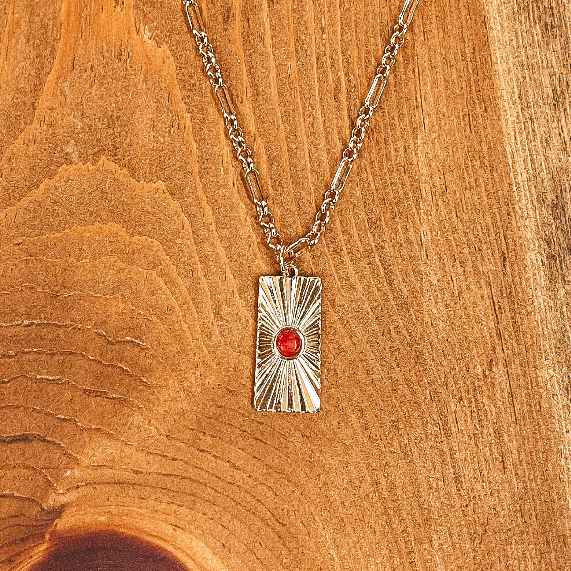 Convince Me Gold Necklace with Sunburst Rectangle Pendant and Small Stone in Red - Giddy Up Glamour Boutique