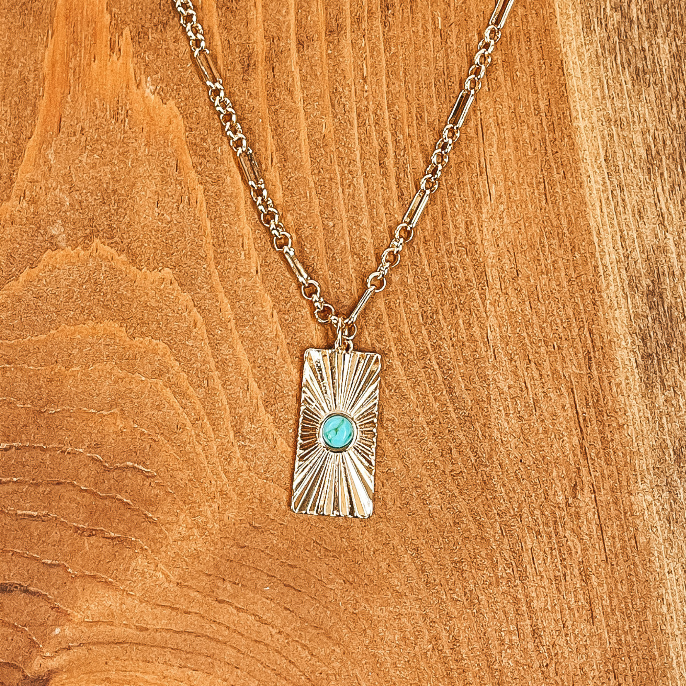 Convince Me Gold Necklace with Sunburst Rectangle Pendant and Small Stone in Turquoise - Giddy Up Glamour Boutique