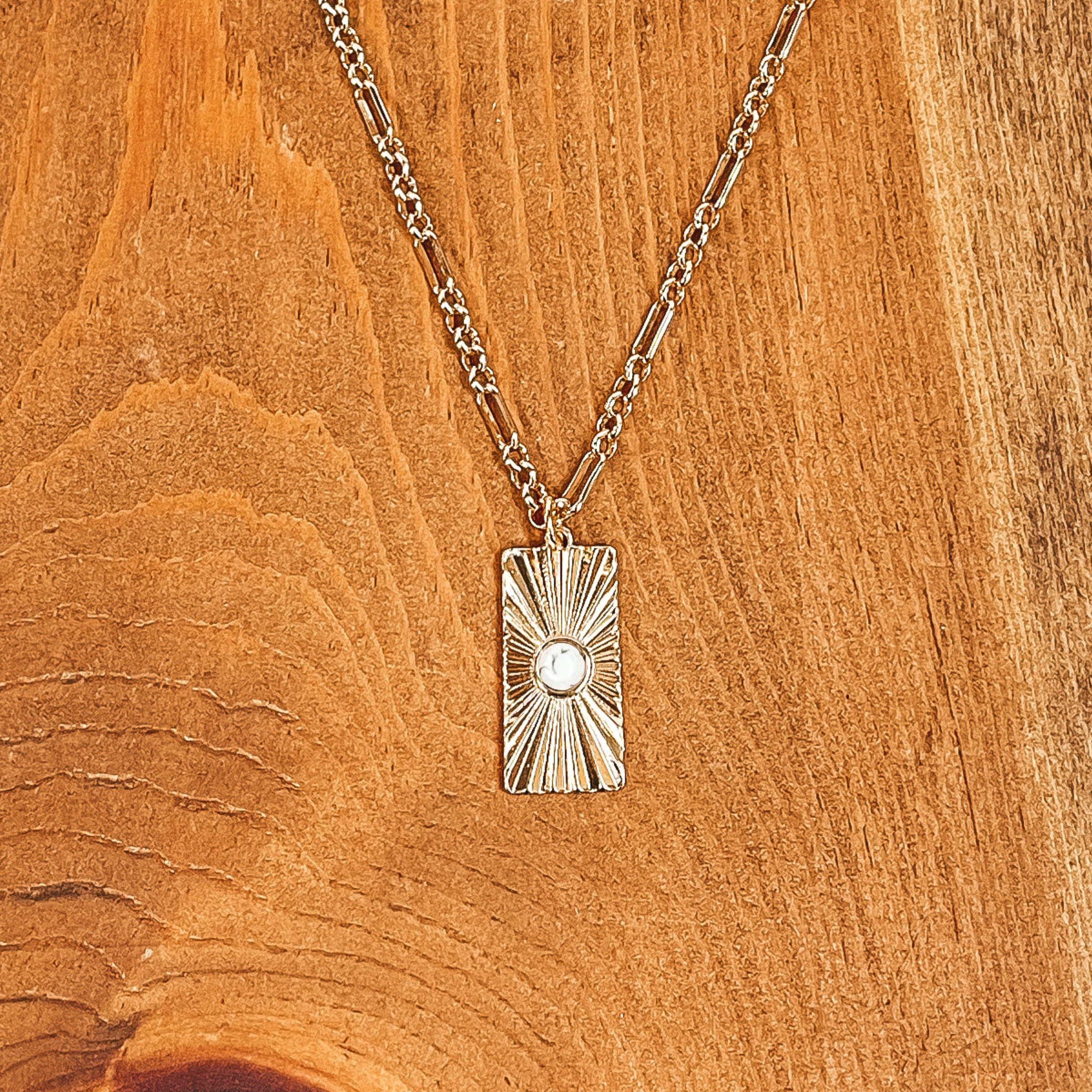 Convince Me Gold Necklace with Sunburst Rectangle Pendant and Small Stone in White - Giddy Up Glamour Boutique