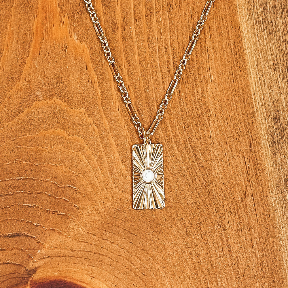 Convince Me Gold Necklace with Sunburst Rectangle Pendant and Small Stone in White - Giddy Up Glamour Boutique