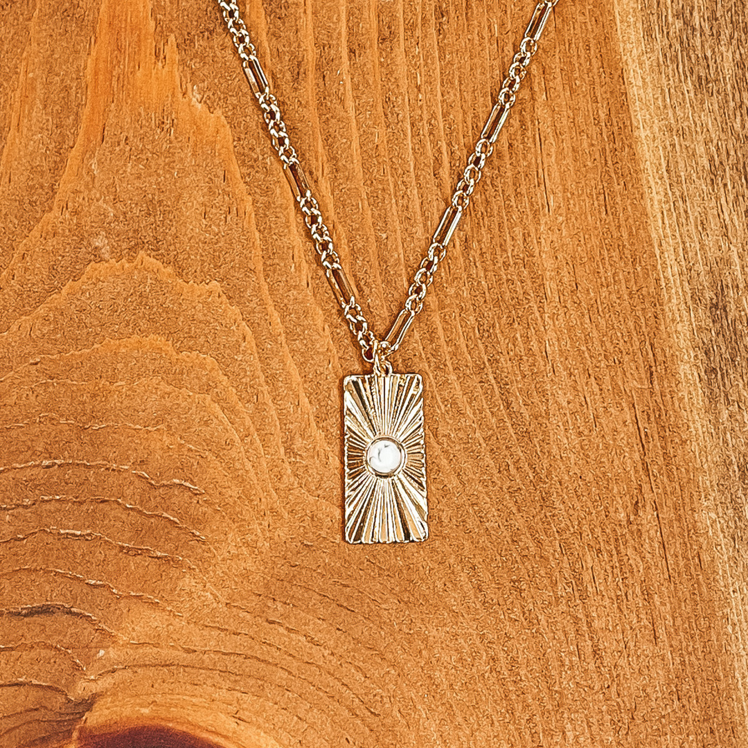 Convince Me Gold Necklace with Sunburst Rectangle Pendant and Small Stone in White - Giddy Up Glamour Boutique
