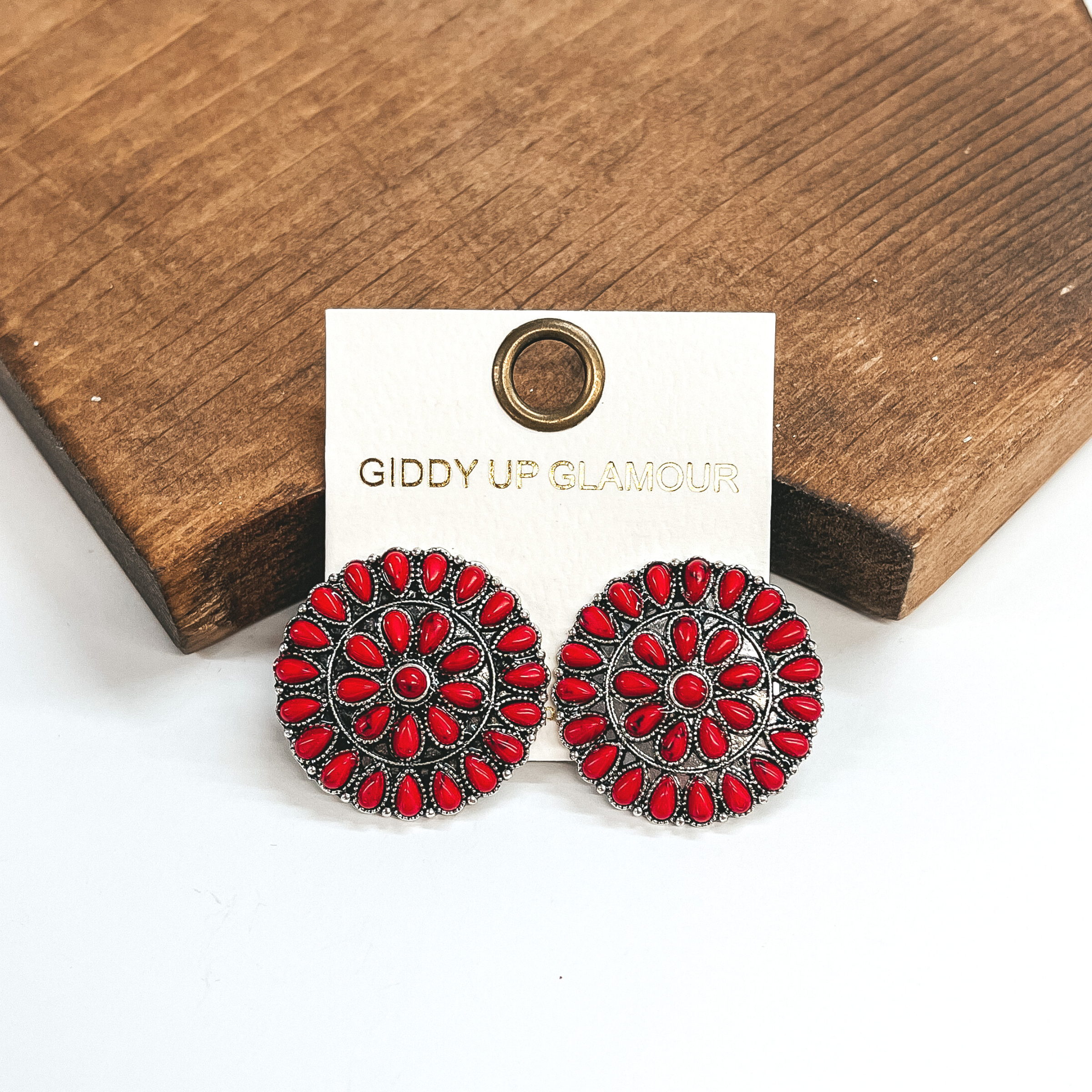 These are silver circle post back earrings with  small red stones in a cluster. These earrings are  taken on a white background and leaning up  against a brown block.