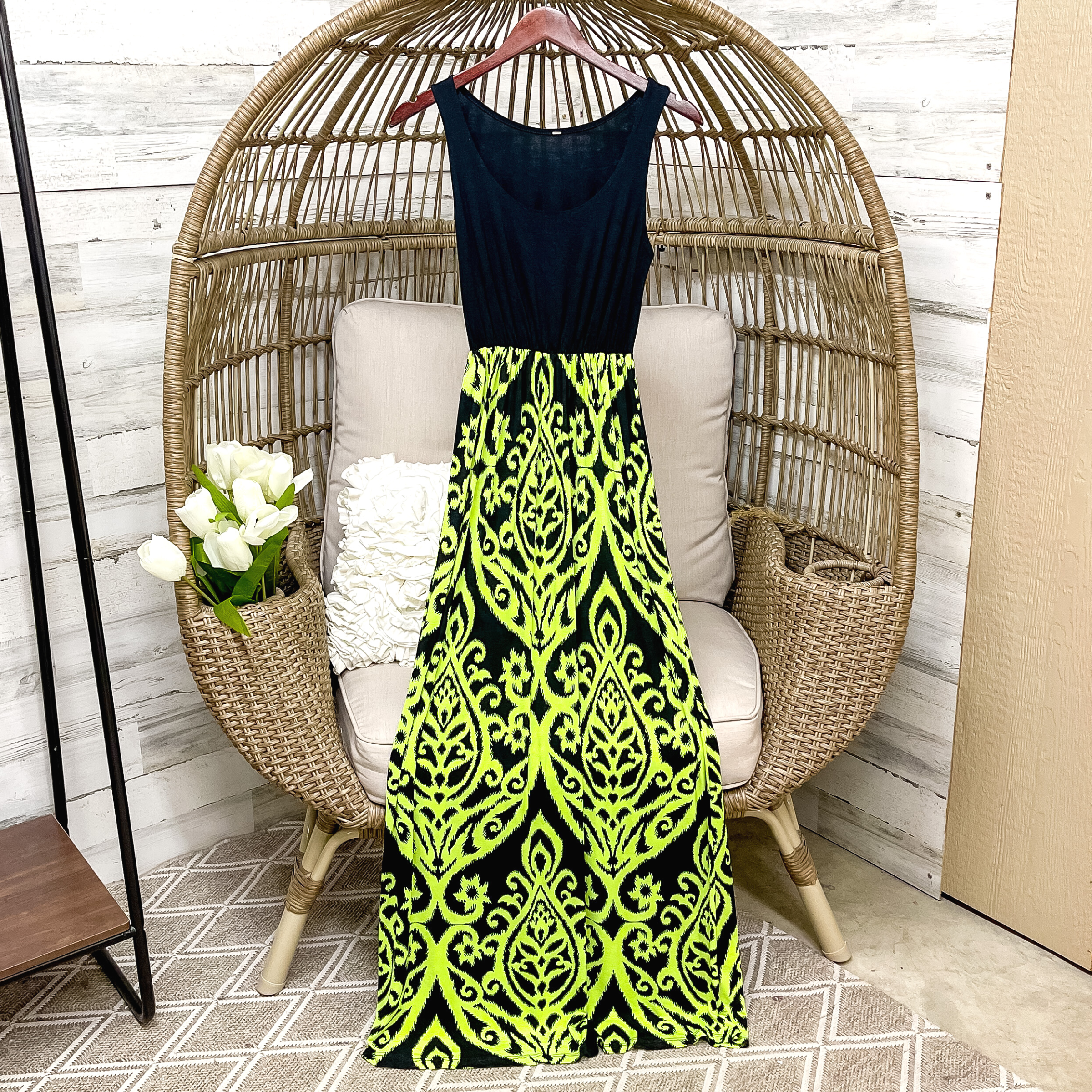 Black Tank Maxi Dress in Black and Neon Green Damask Print - Giddy Up Glamour Boutique