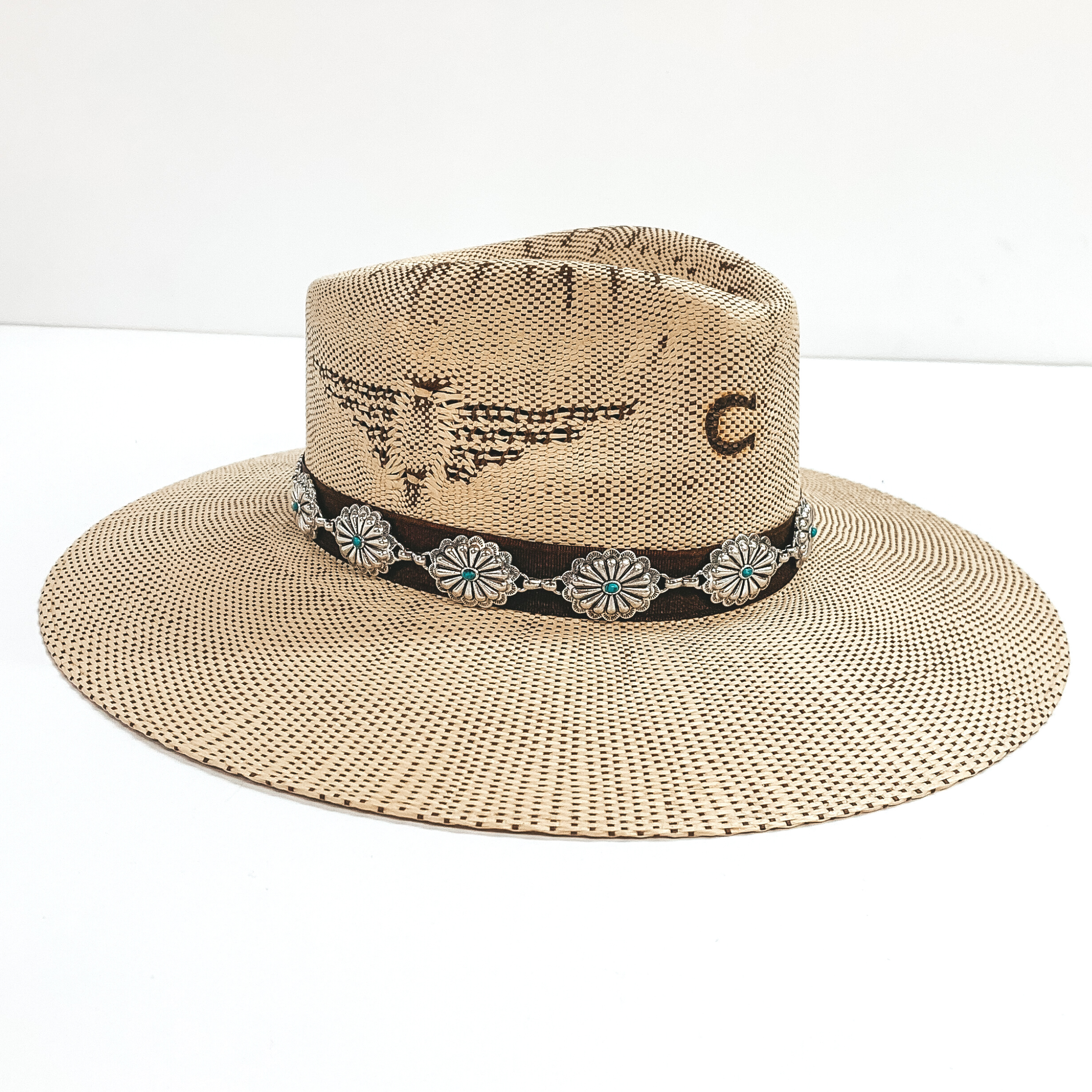 Silver Tone Concho Hat Band with Faux Turquoise Stones - Giddy Up Glamour Boutique