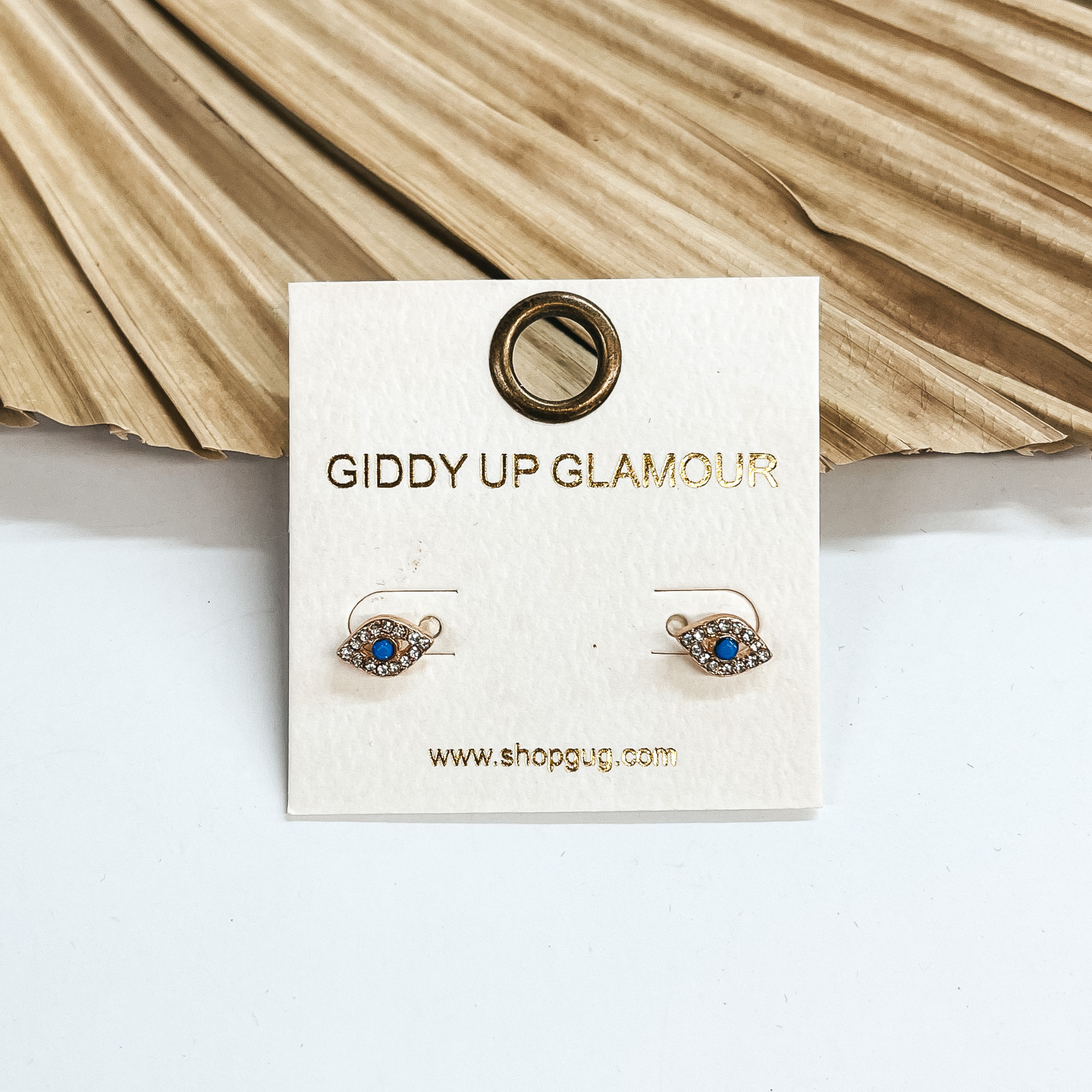CZ Crystal Evil Eye Studs in Blue and Gold Tone - Giddy Up Glamour Boutique