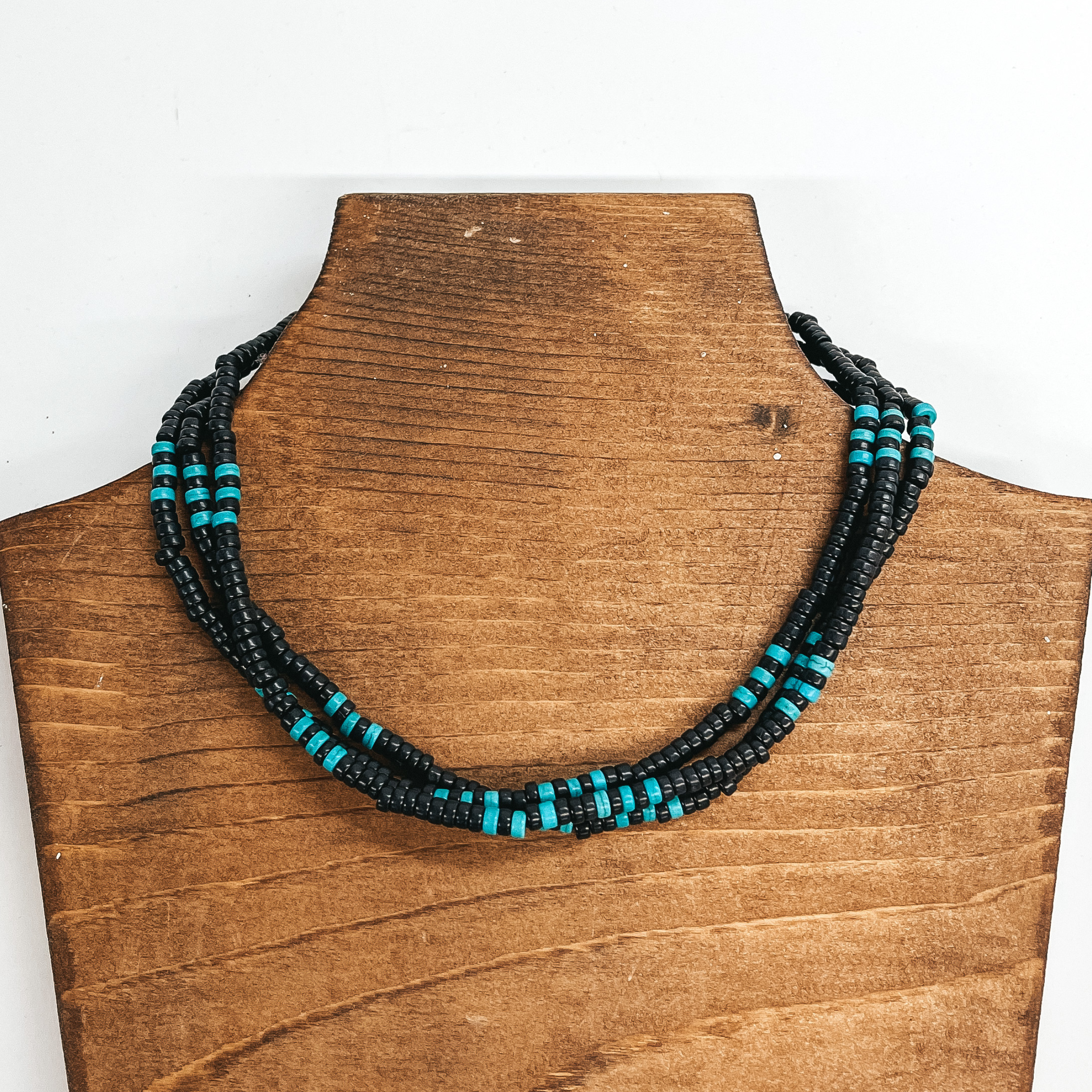 Trend Maker Three Strand Black Beaded Choker Necklace with Turquoise Beads - Giddy Up Glamour Boutique