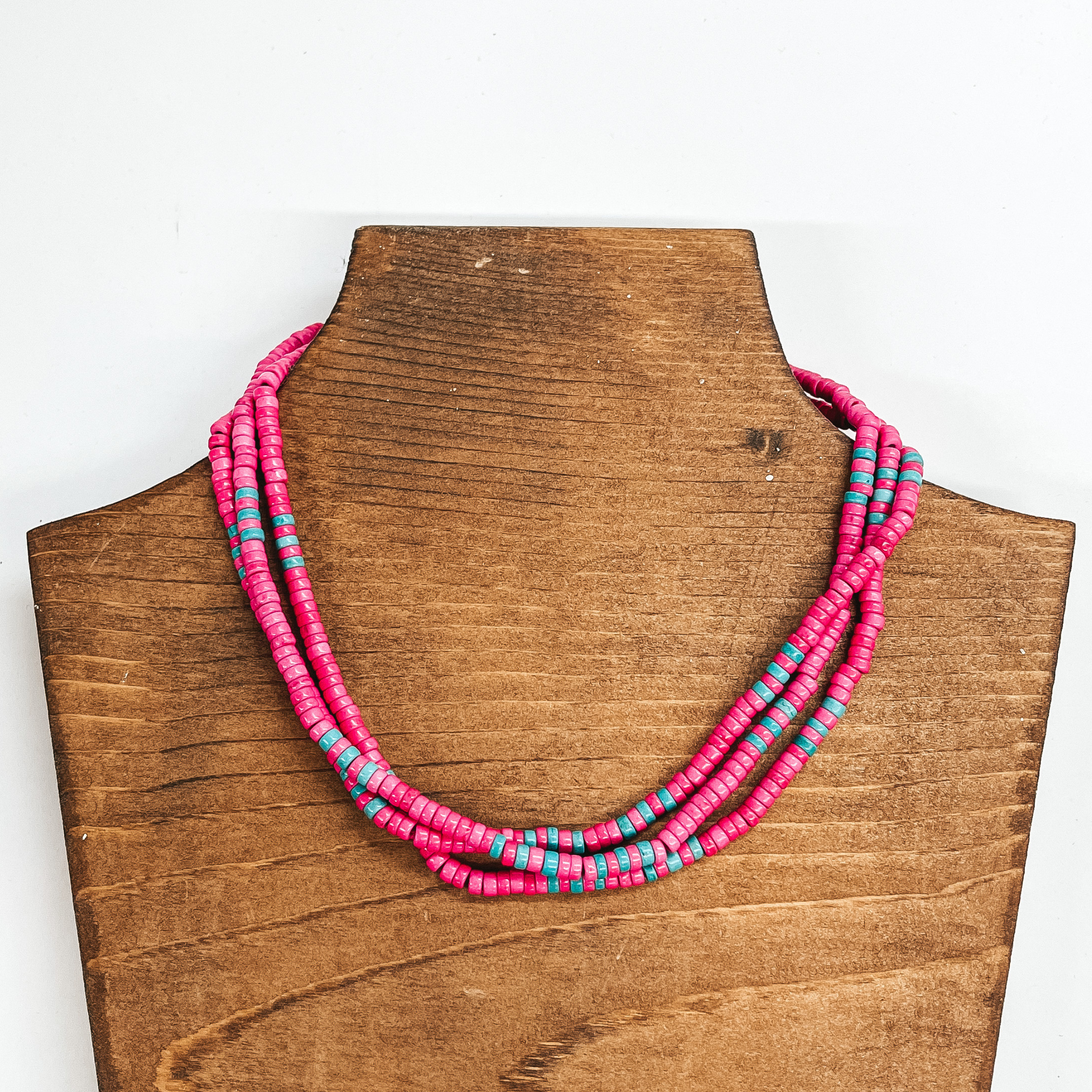 Trend Maker Three Strand Pink Beaded Choker Necklace with Turquoise Beads - Giddy Up Glamour Boutique
