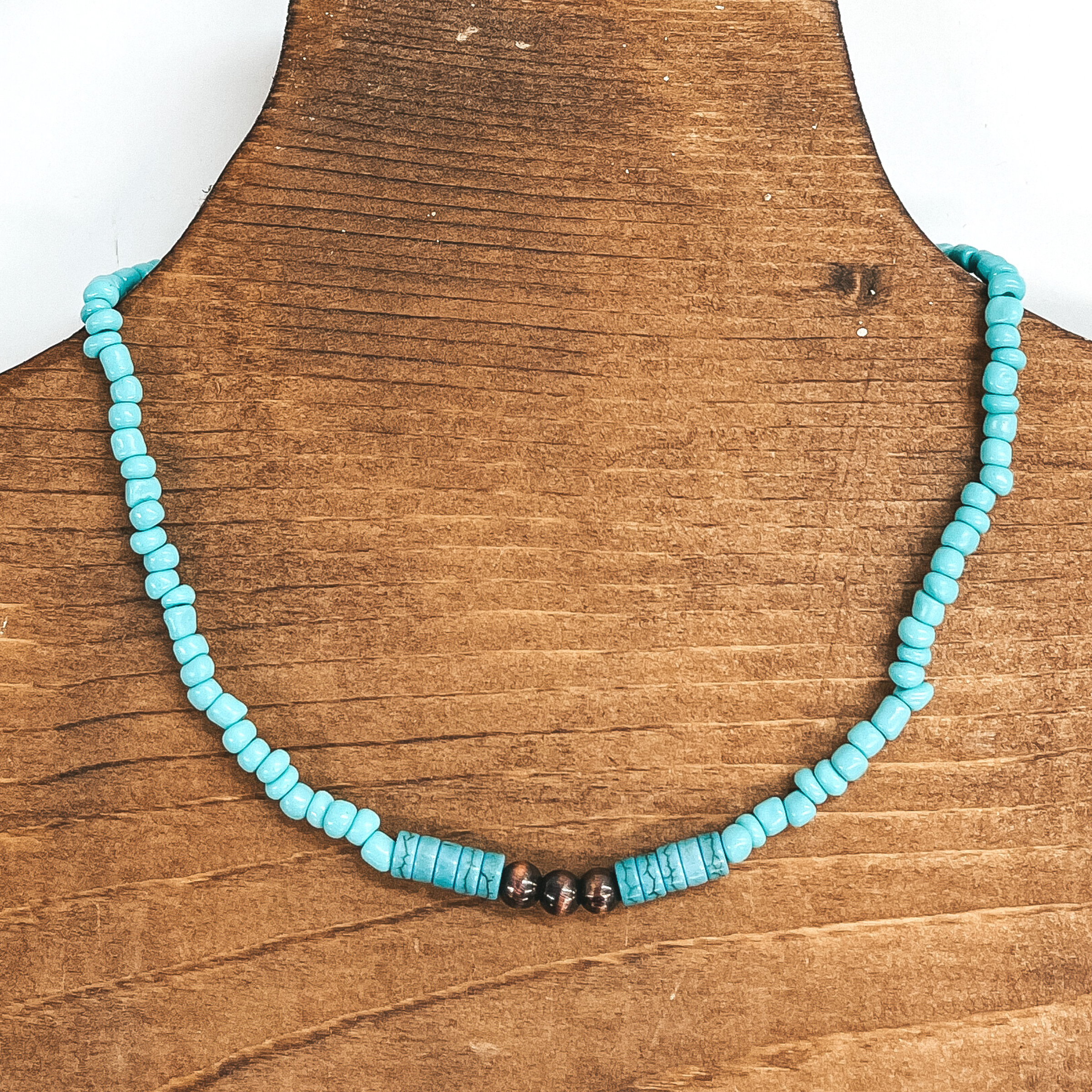 Feeling Free Turquoise and Teal Beaded Choker Necklace with Three Faux Navajo Beads in Copper Tone - Giddy Up Glamour Boutique