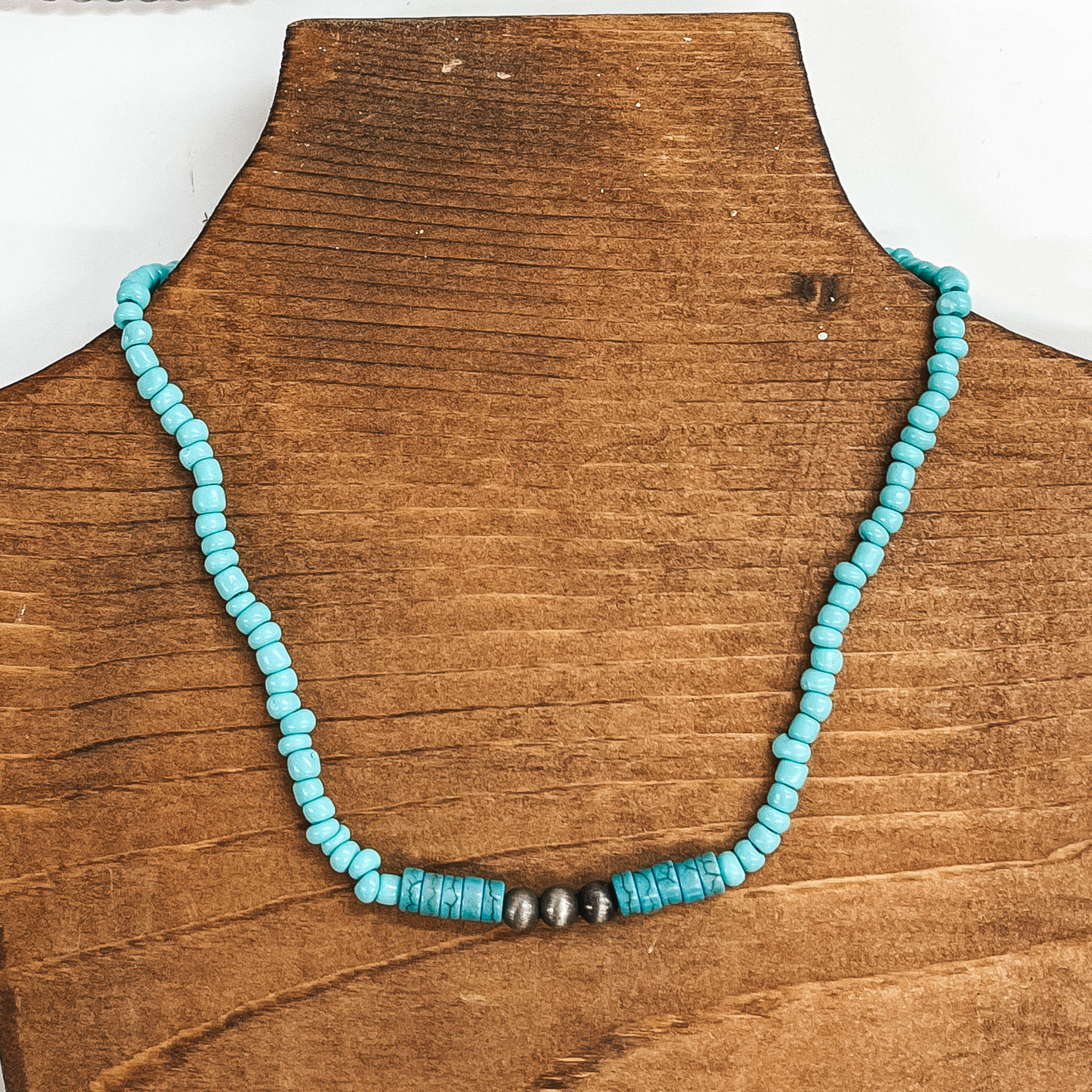 Feeling Free Turquoise and Teal Beaded Choker Necklace with Three Faux Navajo Beads in Silver Tone - Giddy Up Glamour Boutique