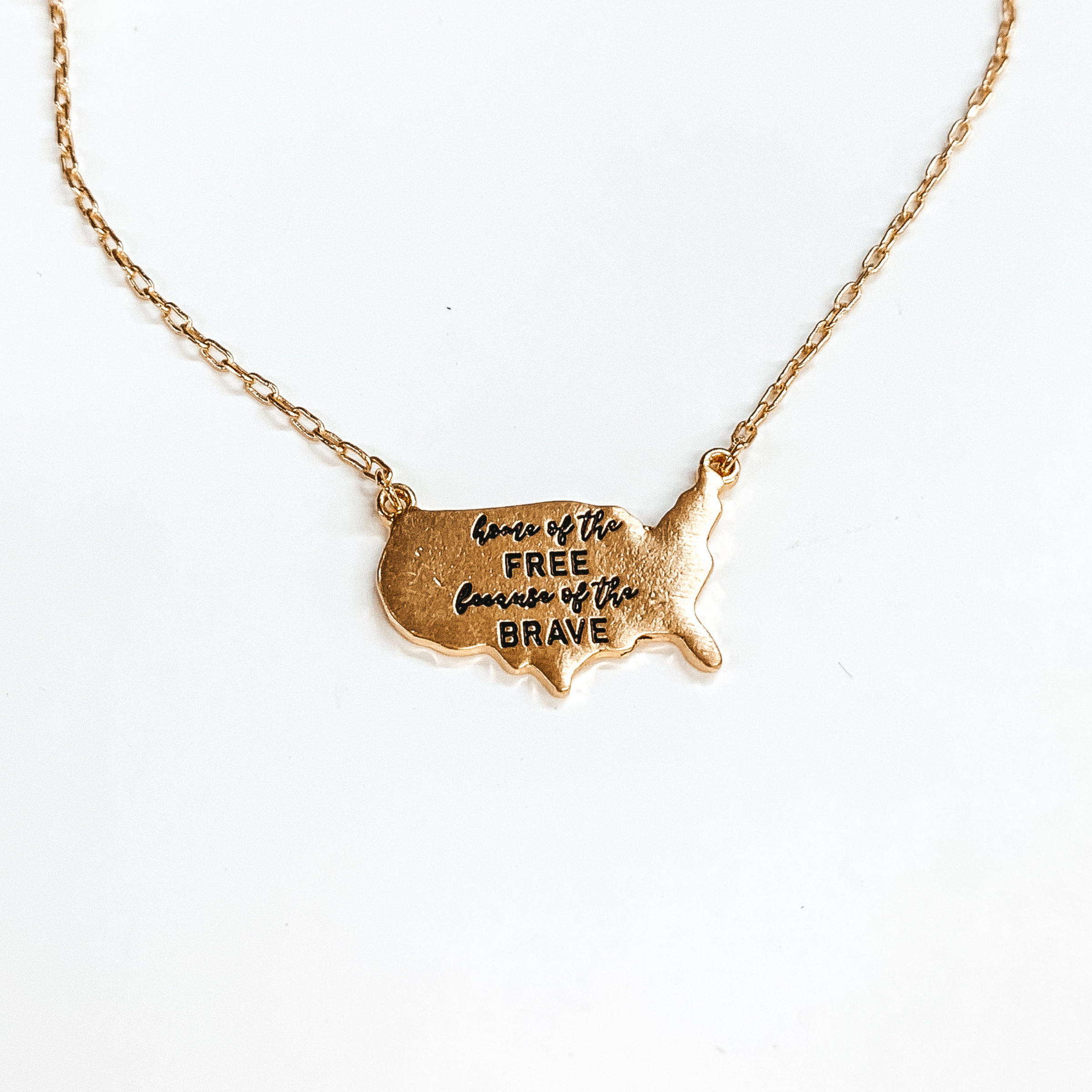 Home of the Free Because of the Brave Gold Necklace with USA Pendant - Giddy Up Glamour Boutique