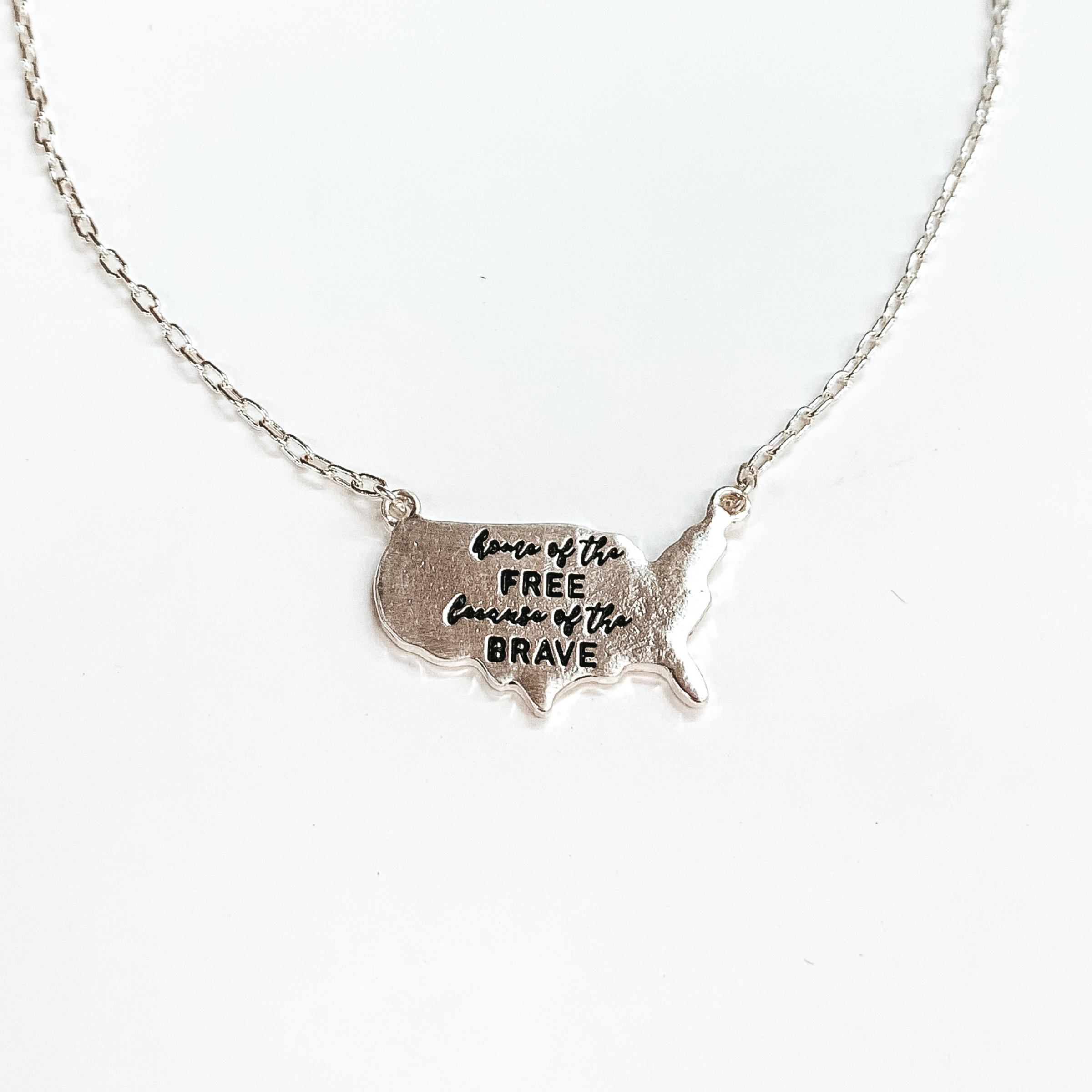 Home of the Free Because of the Brave Silver Necklace with USA Pendant - Giddy Up Glamour Boutique