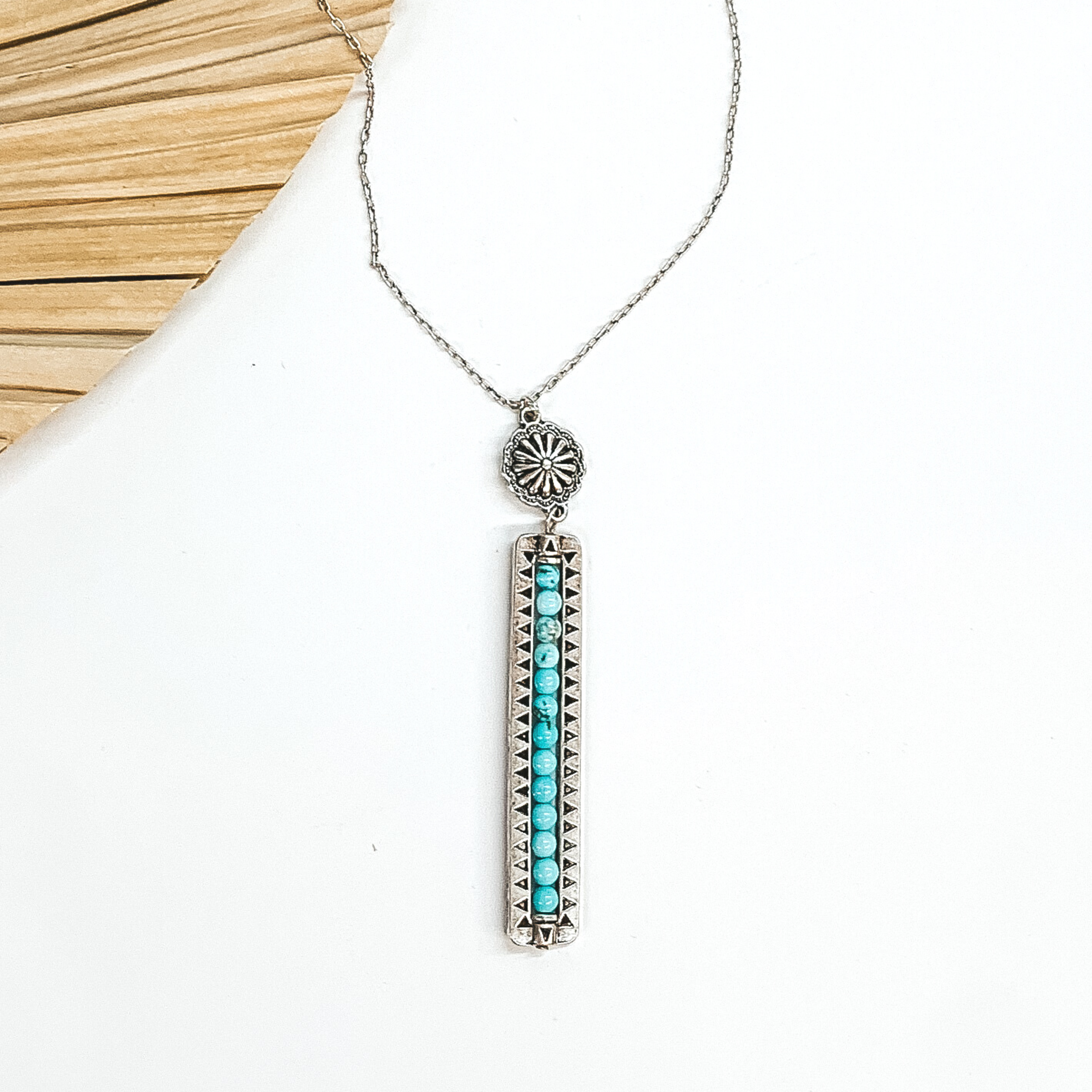 Friendly Ties Silver Necklace with Concho and Stone Beaded Bar Pendant in Turquoise - Giddy Up Glamour Boutique