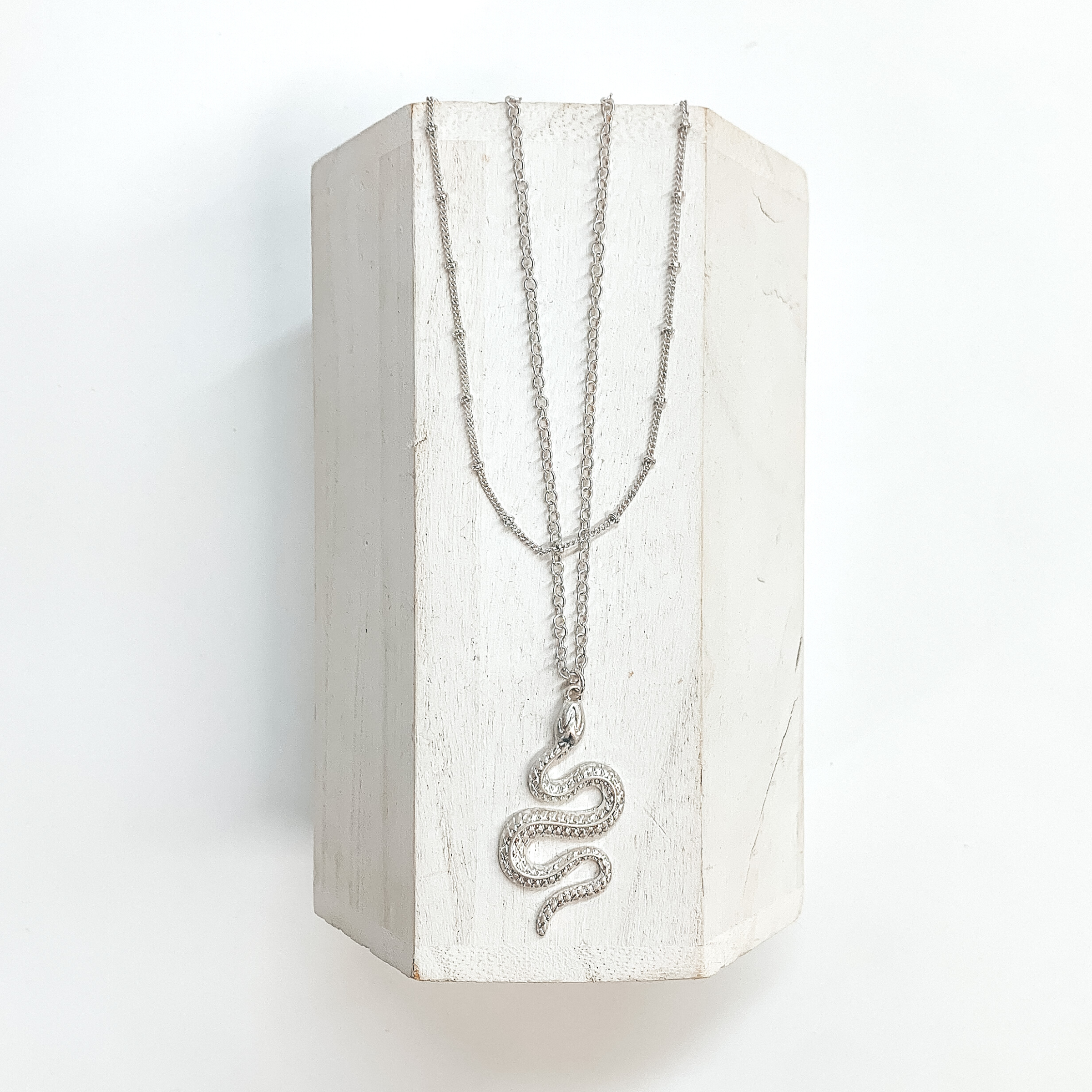 Double layered silver necklaces with a large snake pendant, the smallest  chain has spacers throughout. This necklace is taken on a white block  and a white background.