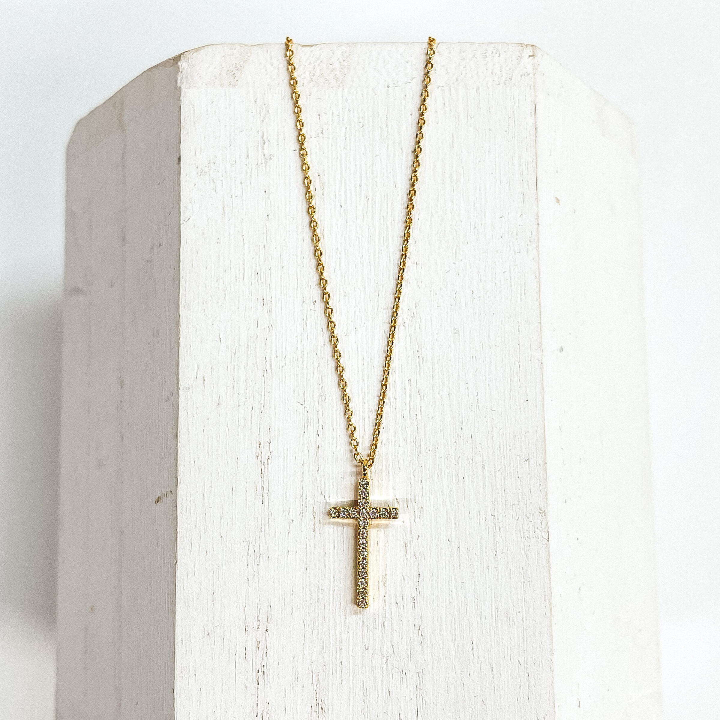 Gold Dipped Chain Necklace with a Clear Crystal Cross Pendant - Giddy Up Glamour Boutique