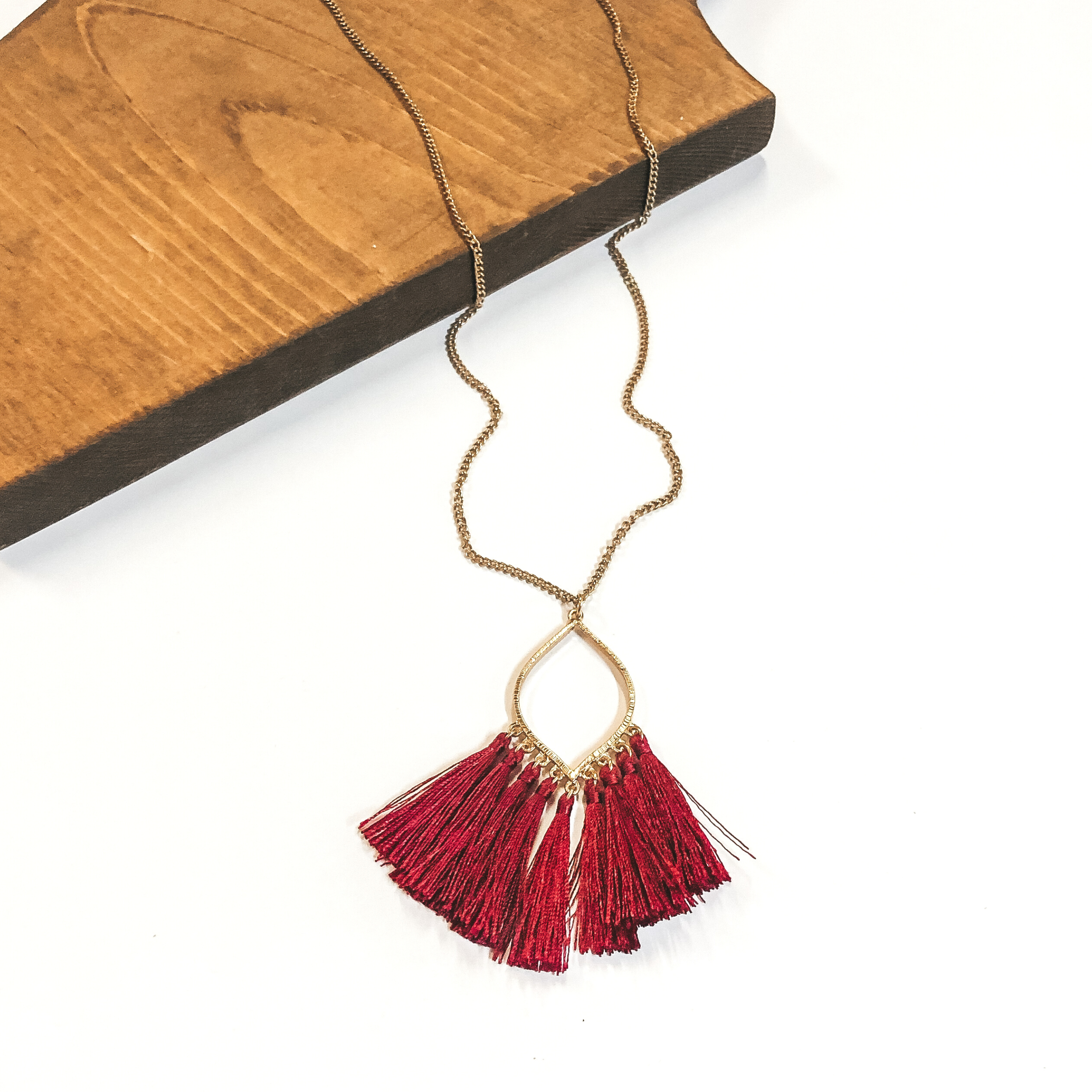 Gold Chain Lantern Outline Necklace with Fringe Tassels in Maroon - Giddy Up Glamour Boutique