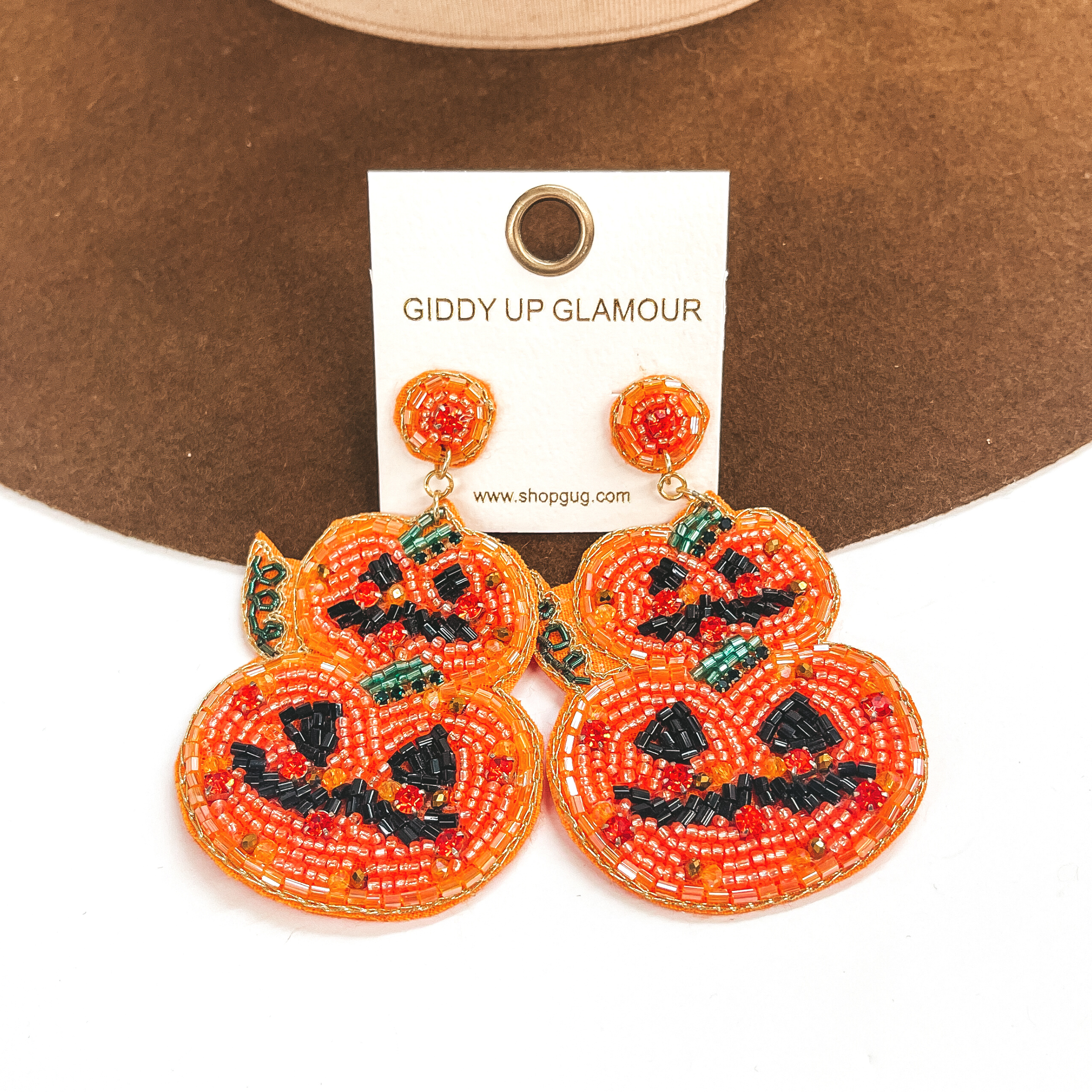 Two Tiered Seedbeaded and Crystal Pumpkin Post Earrings in Orange