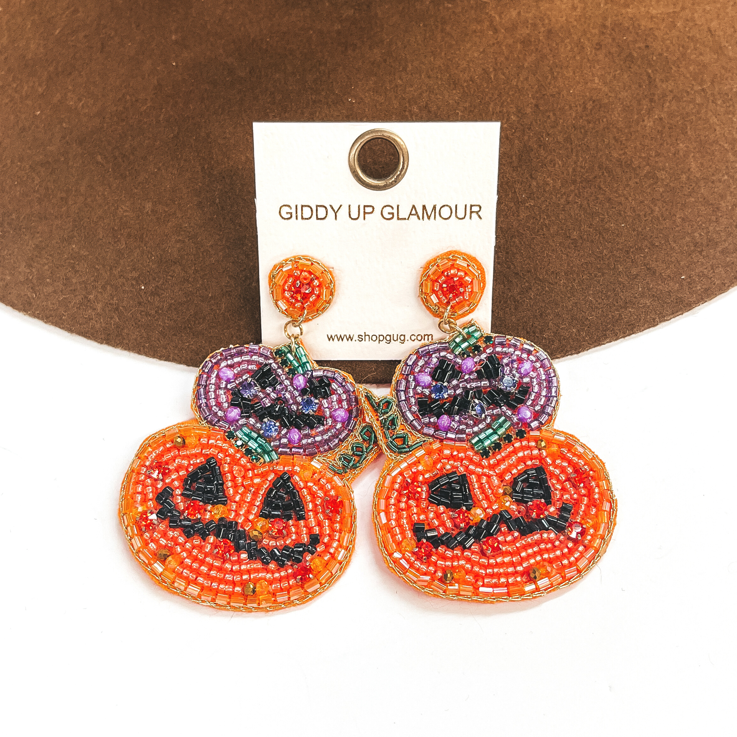 Two Tiered Seedbeaded and Crystal Pumpkin Post Earrings in Orange and Purple - Giddy Up Glamour Boutique