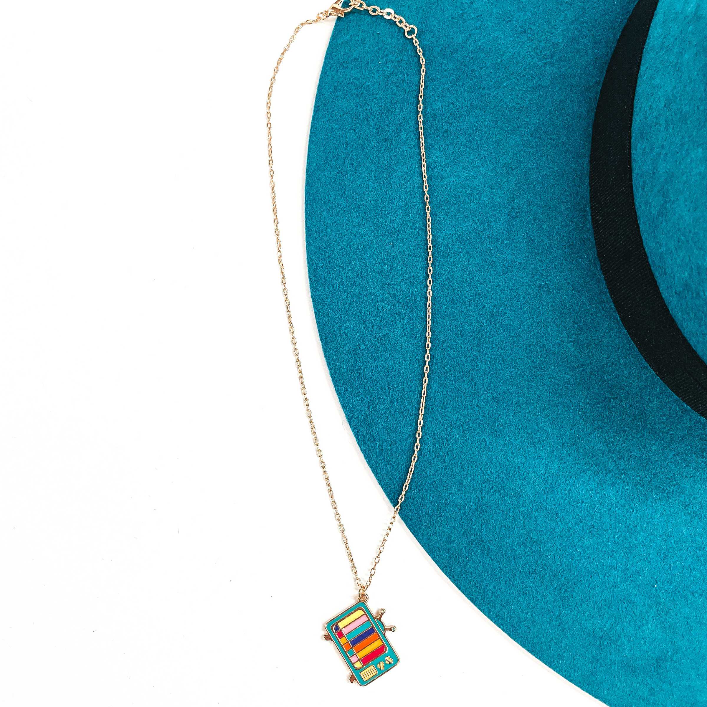 Retro Movie Nights Gold Tone Necklace with Television Pendant in Teal Mix - Giddy Up Glamour Boutique
