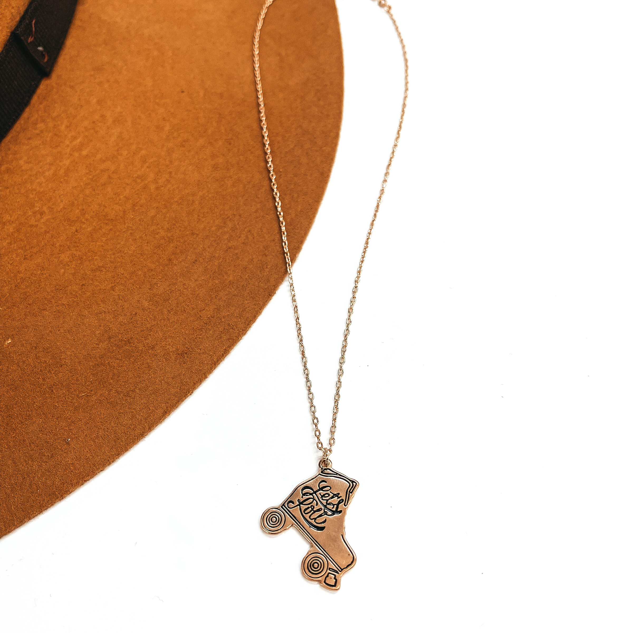 Let's Roll Gold Tone Necklace with Rollerskate Pendant - Giddy Up Glamour Boutique